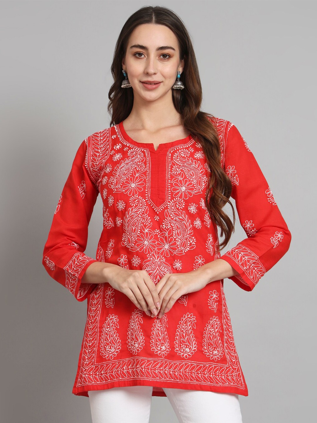 

PARAMOUNT CHIKAN Women Embroidered Lucknowi Chikankari Cotton Kurti, Red