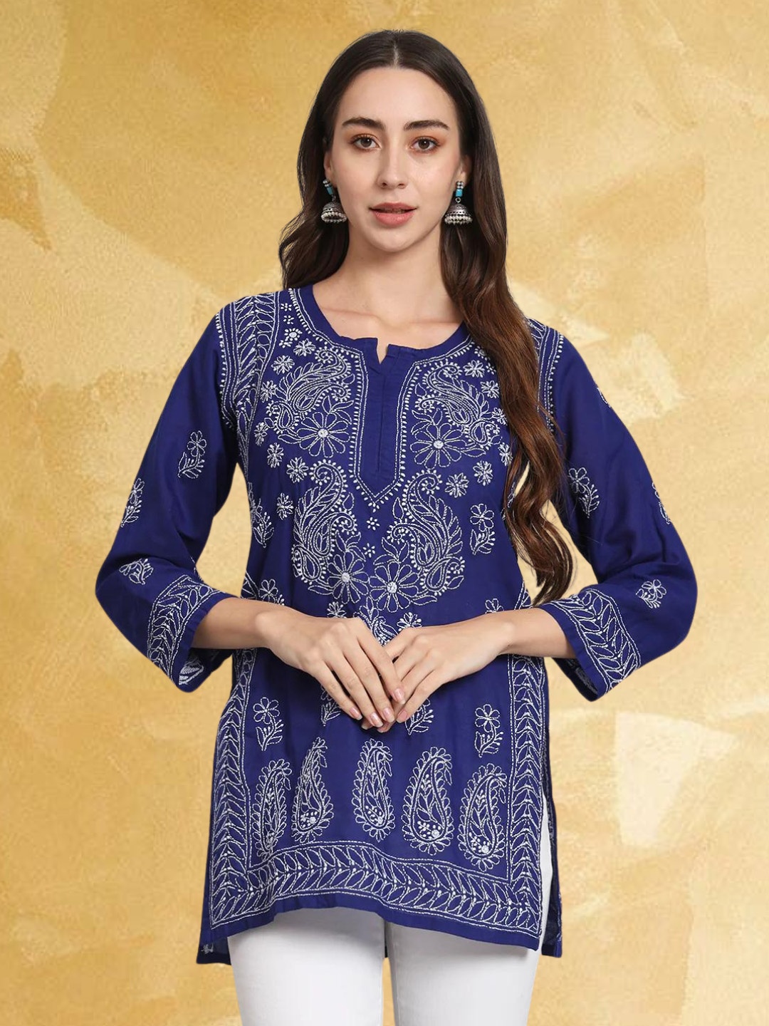 

PARAMOUNT CHIKAN Women Embroidered Lucknowi Chikankari Cotton Kurti, Blue