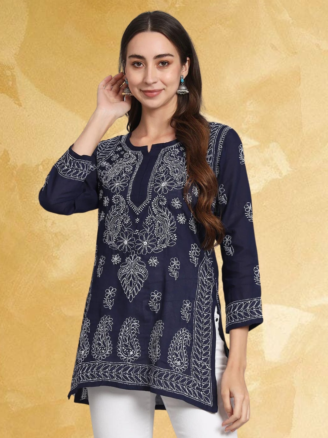 

PARAMOUNT CHIKAN Women Embroidered Lucknowi Chikankari Cotton Kurti, Navy blue