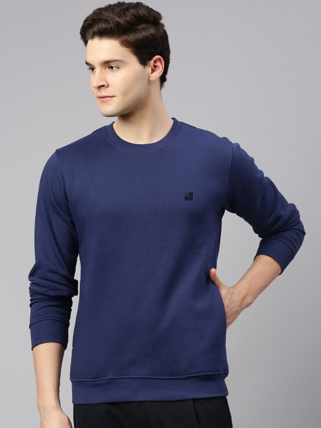 

ZEDD Round Neck Cotton Fleece Sweatshirt, Navy blue