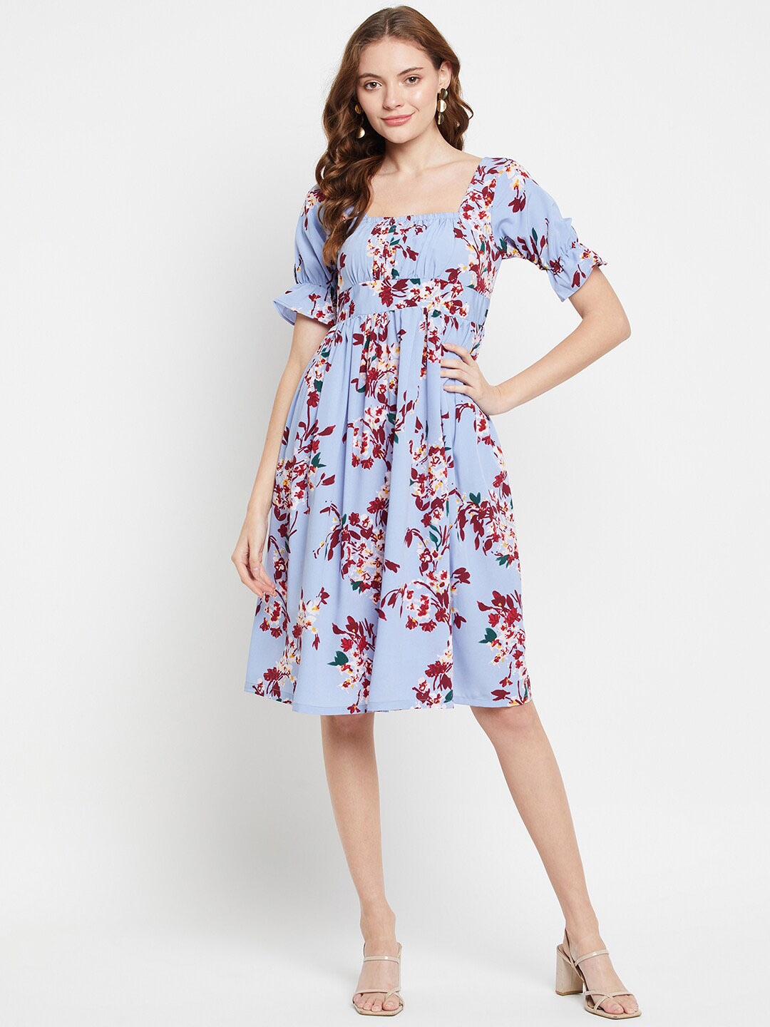 NABIA Floral Printed Gathered Or Pleated A Line Dress, Blue