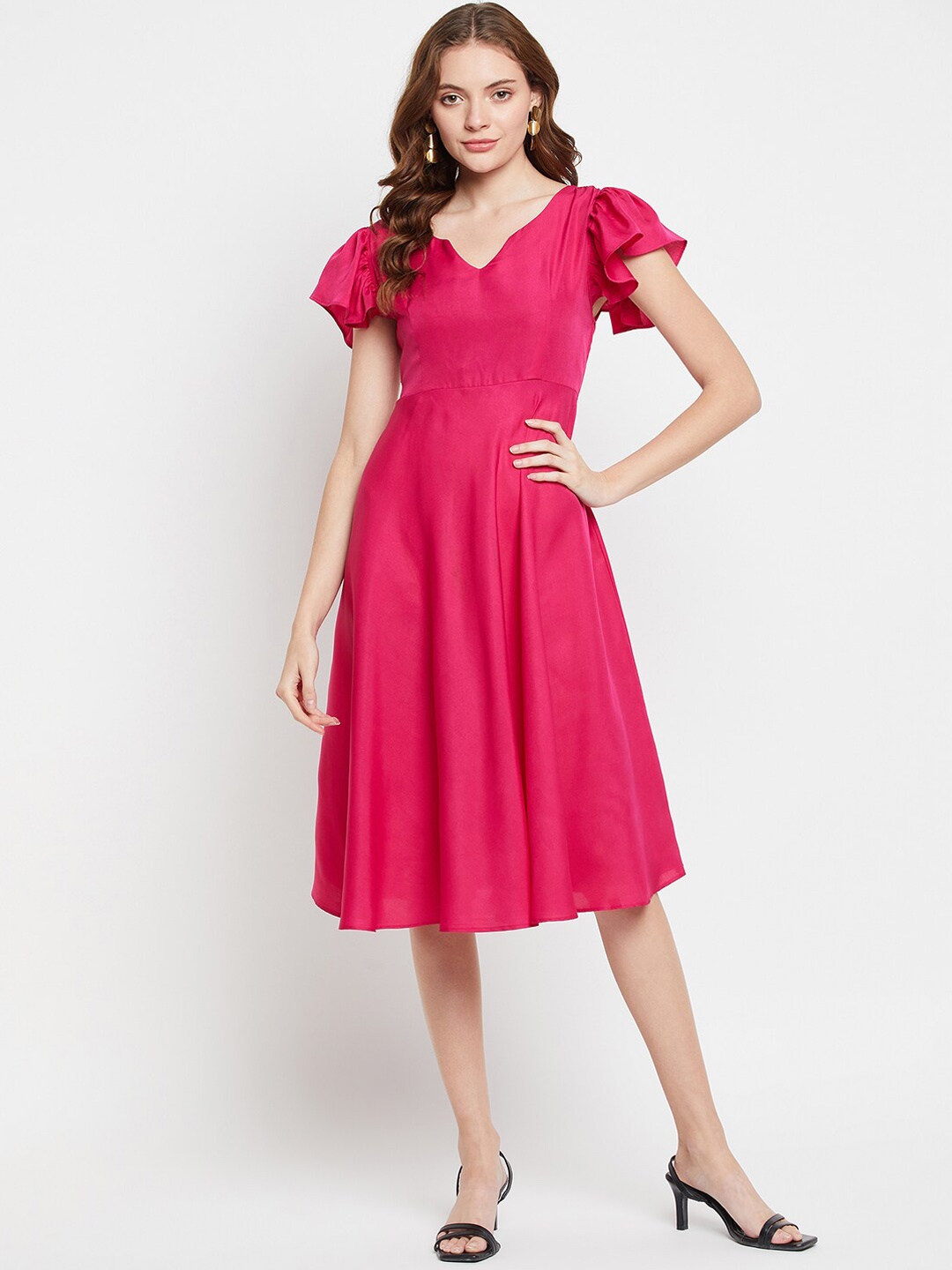 

NABIA V- Neck Ruffle Sleeve Fit & Flare Midi Dress, Pink