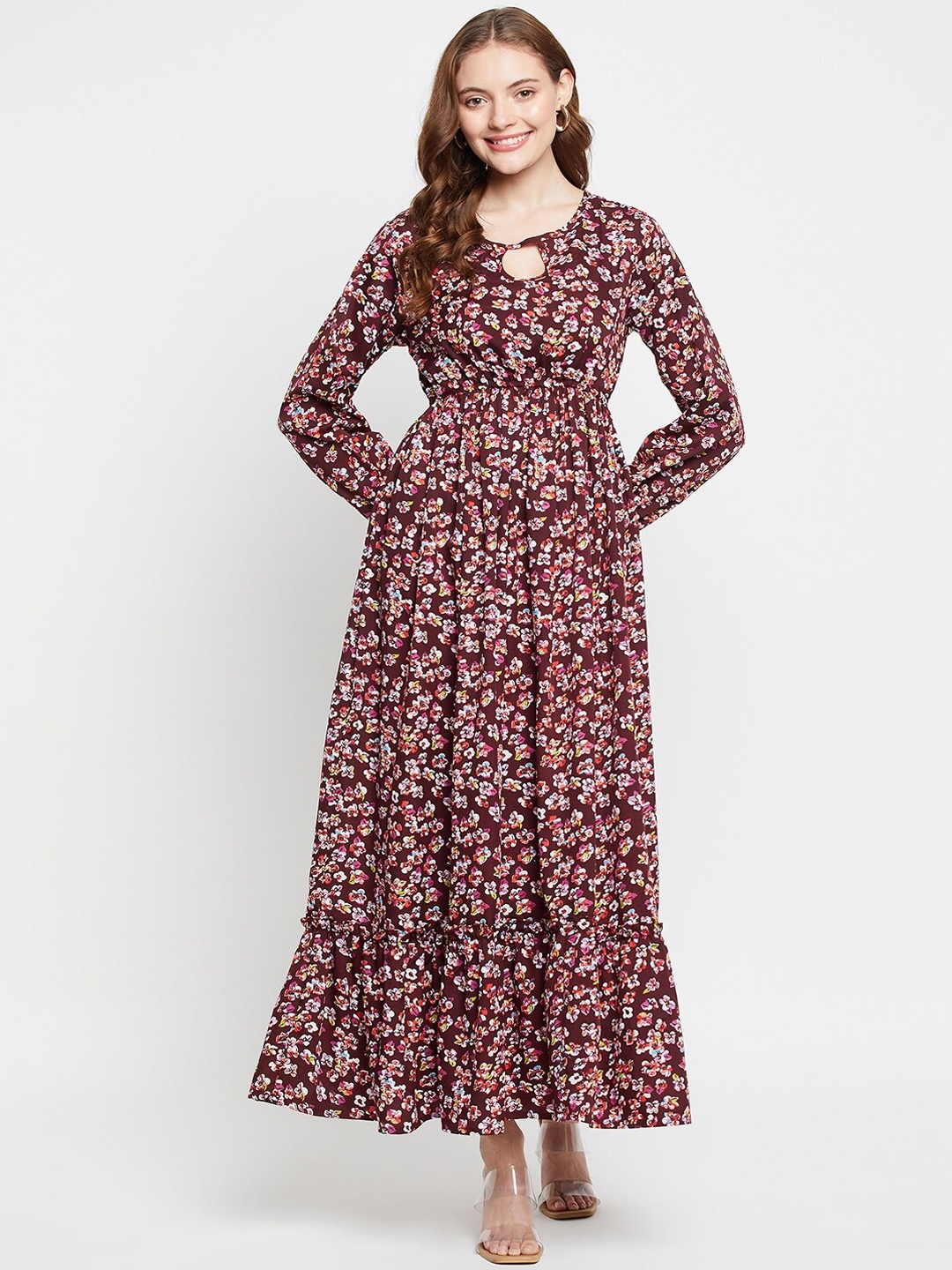 

NABIA Floral Printed Keyhole Neck Crepe Tiered Maxi Dress, Burgundy