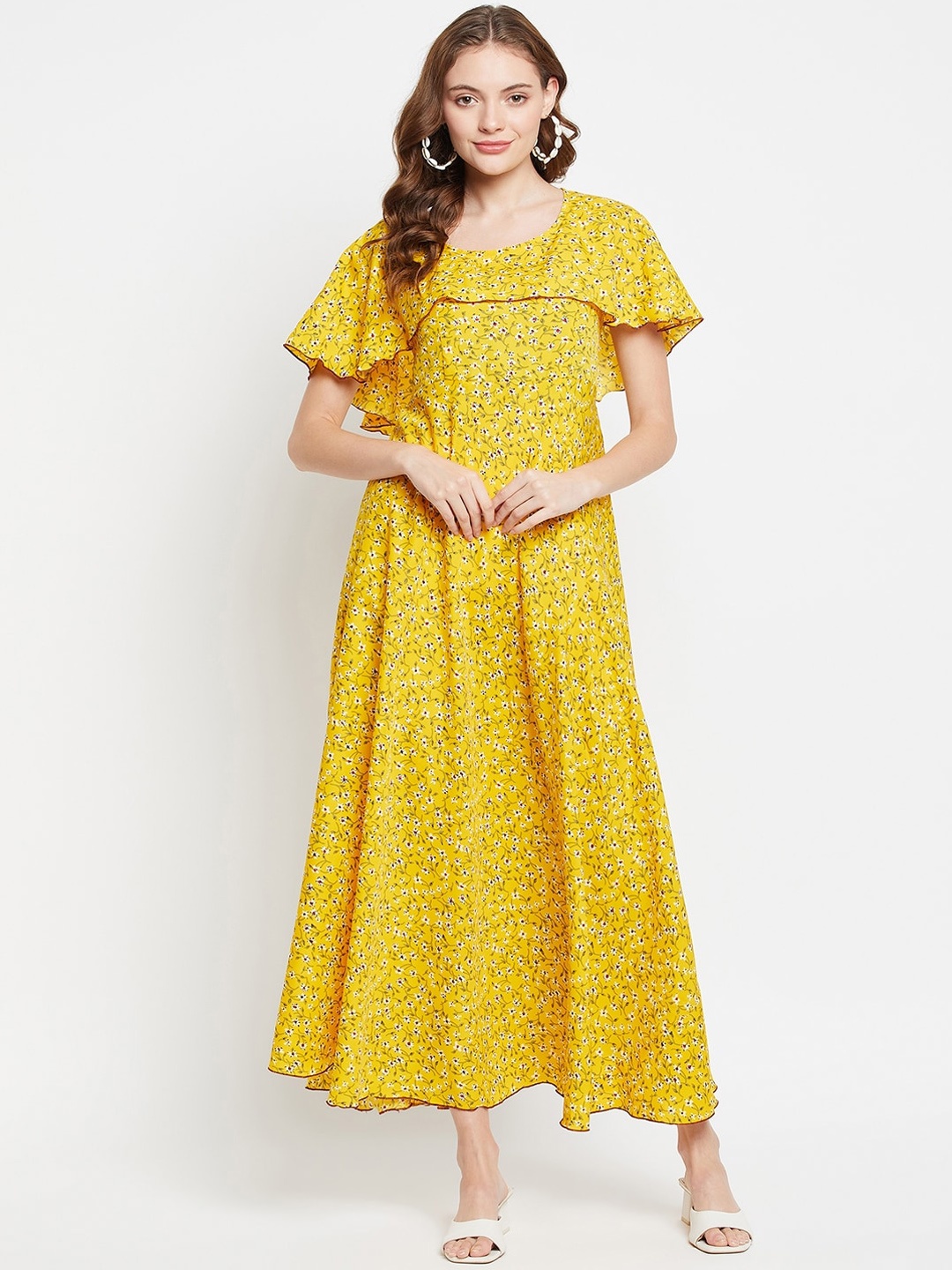 

NABIA Floral Printed Flared Sleeves Crepe Maxi Dress, Mustard