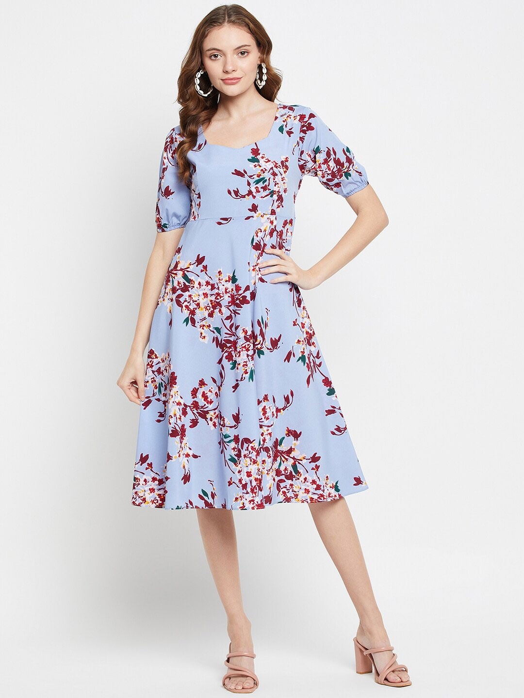 

NABIA Floral Printed Puff Sleeves A-Line Dress, Blue