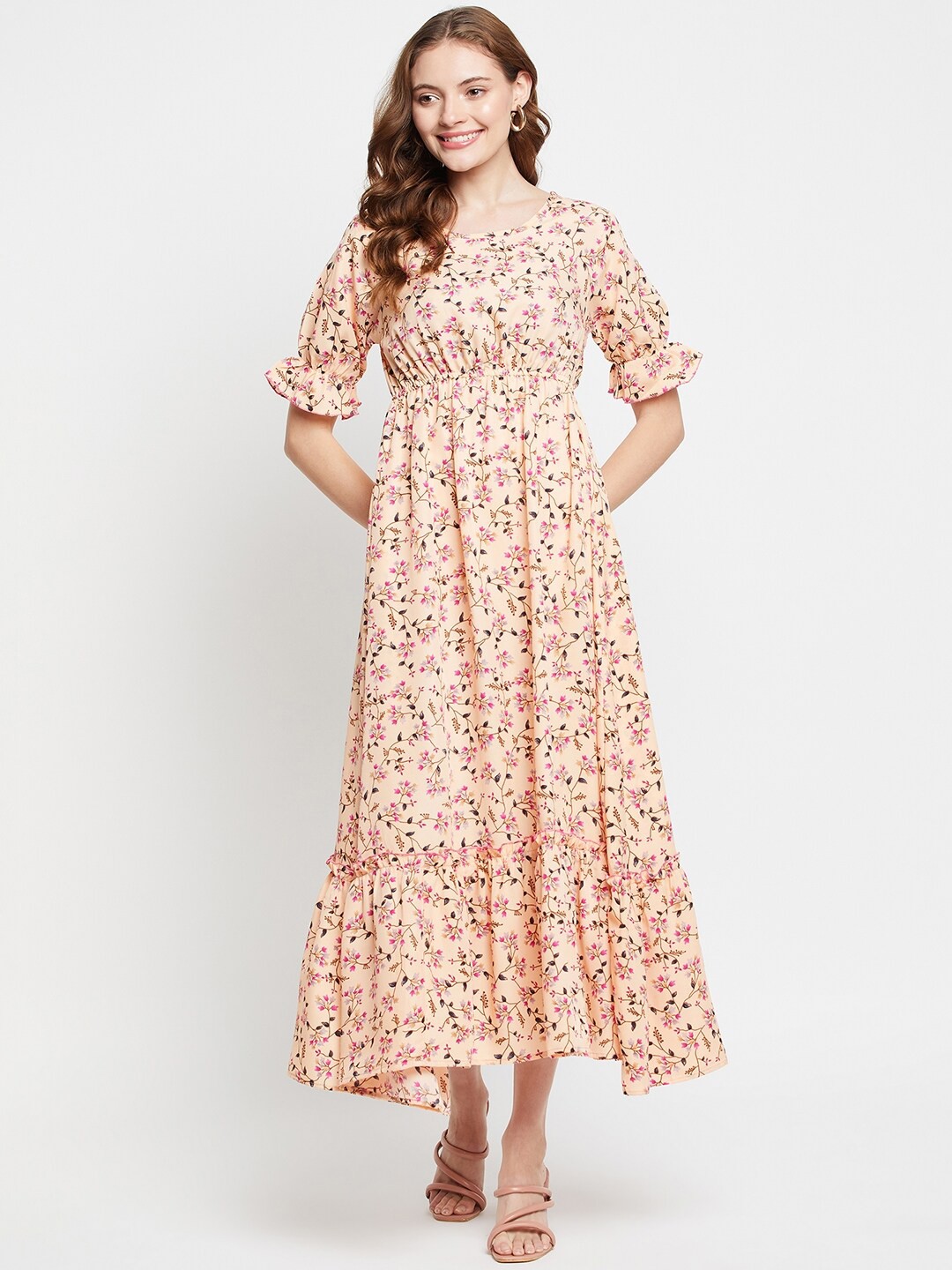 

NABIA Floral Printed Bell Sleeves Crepe Tiered Midi Dress, Beige