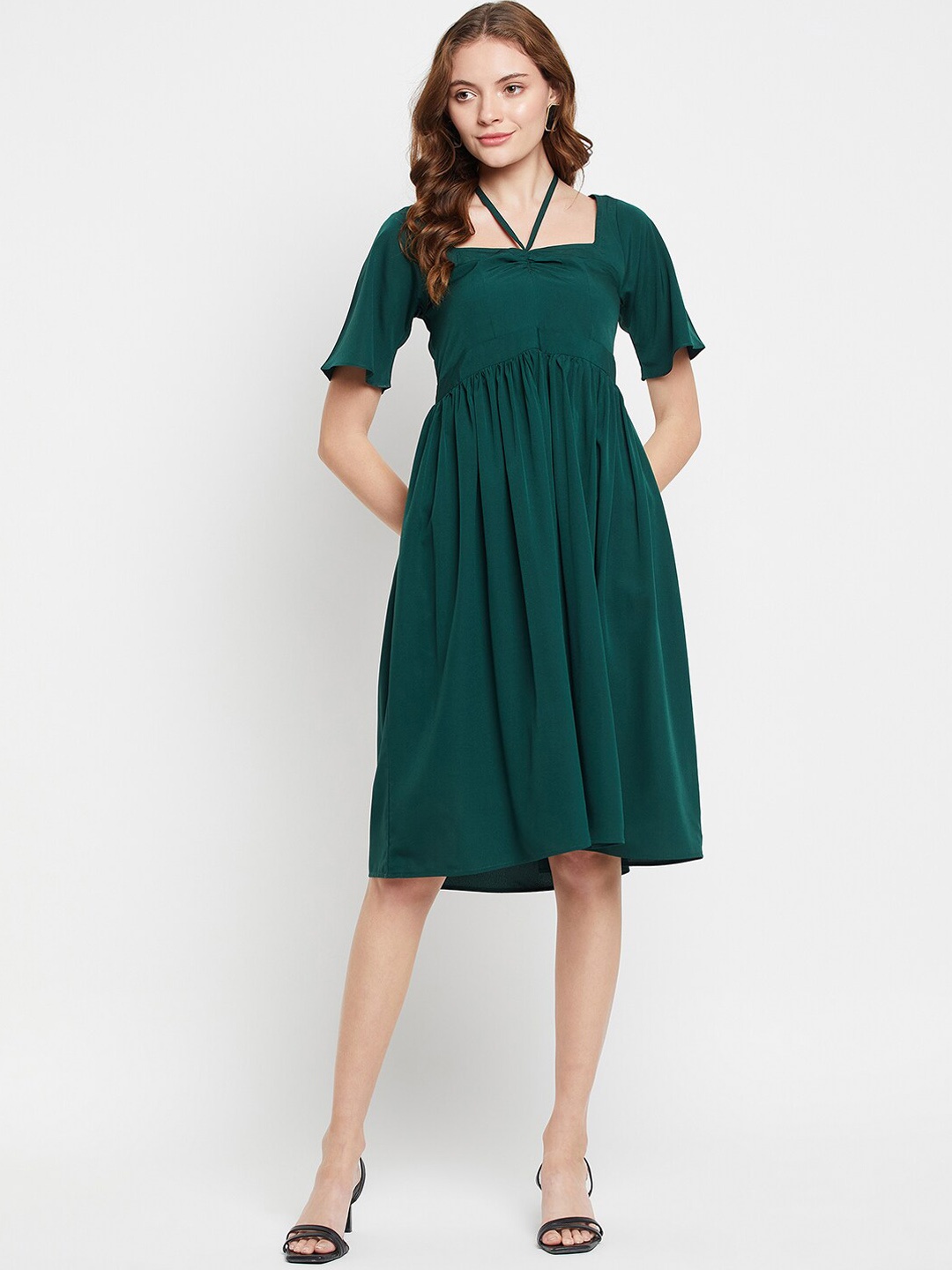 

NABIA Square Neck Pleated Tie Up Fit & Flare Dress, Green