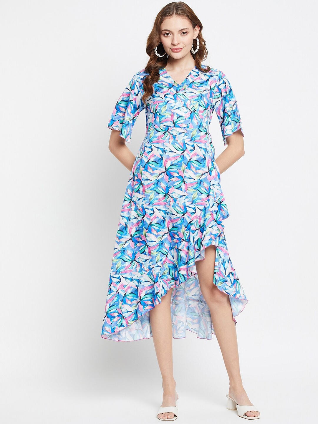 

NABIA Floral Printed Ruffled High Low A-Line Dress, Blue