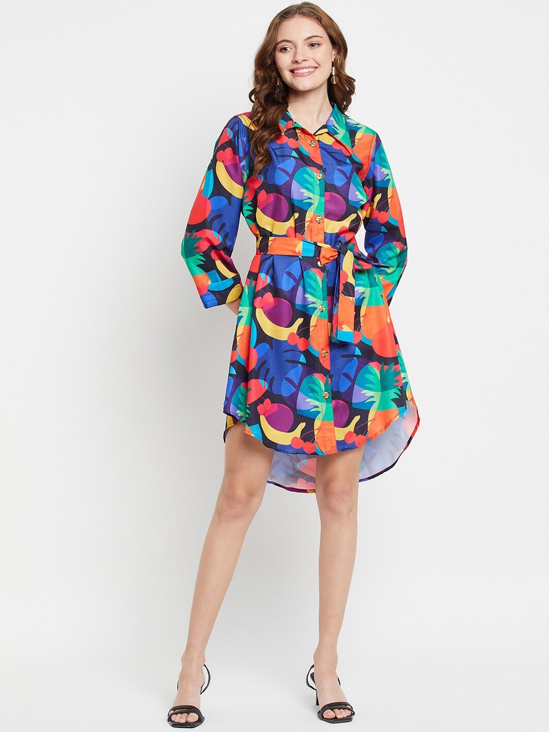 

NABIA Tropical Printed Shirt Collar Tie Up Shirt Dress, Blue