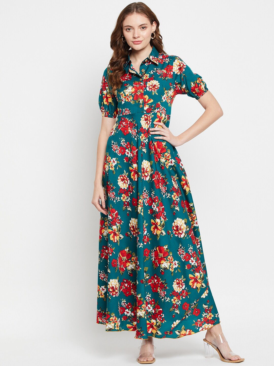 

NABIA Floral Printed Shirt Collar Puff Sleeves Crepe Maxi Dress, Green