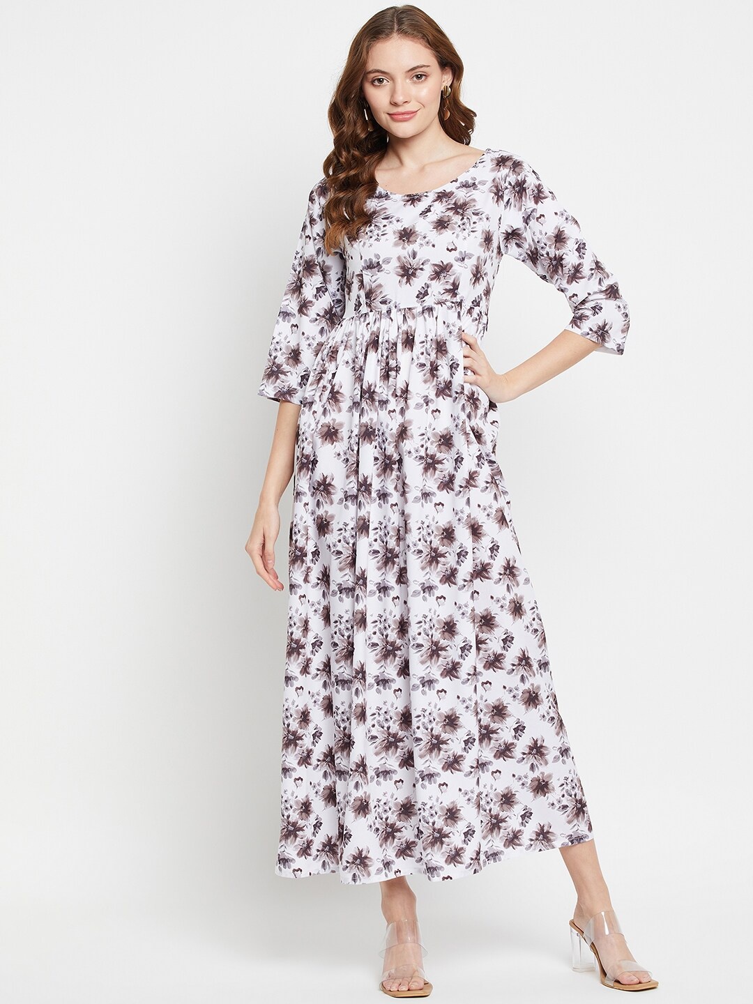 

NABIA Floral Printed Pleated Maxi Dress, White