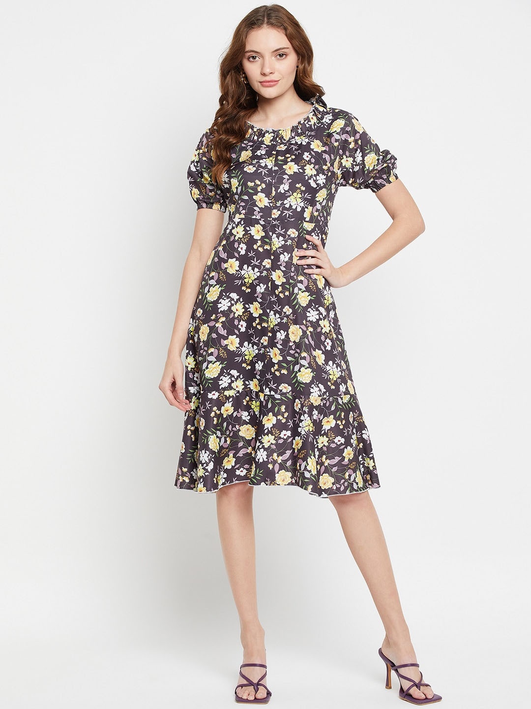 

NABIA Floral Printed Round Neck A-Line Dress, Black