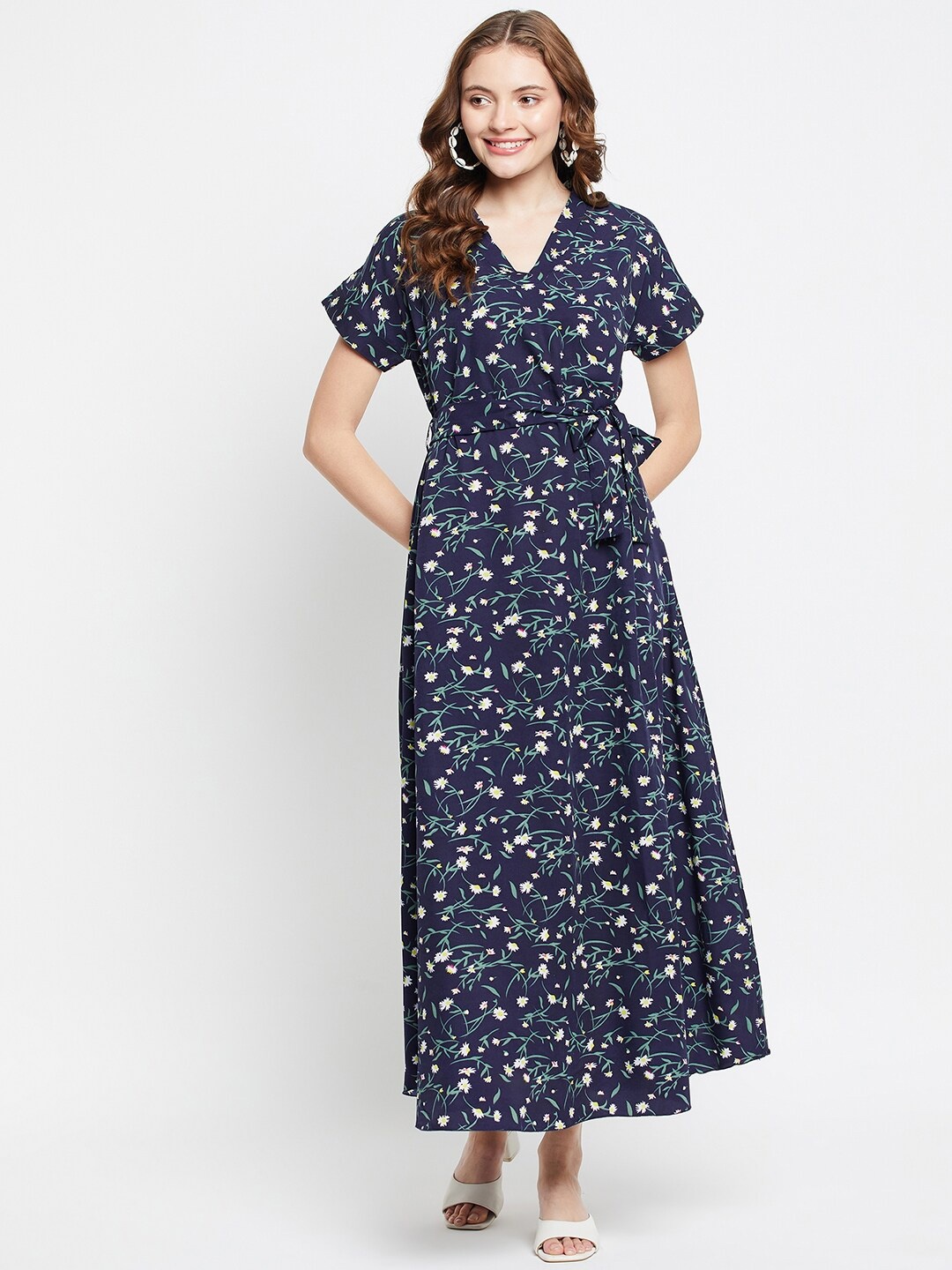 

NABIA Floral Printed V-Neck A-Line Midi Dress, Blue