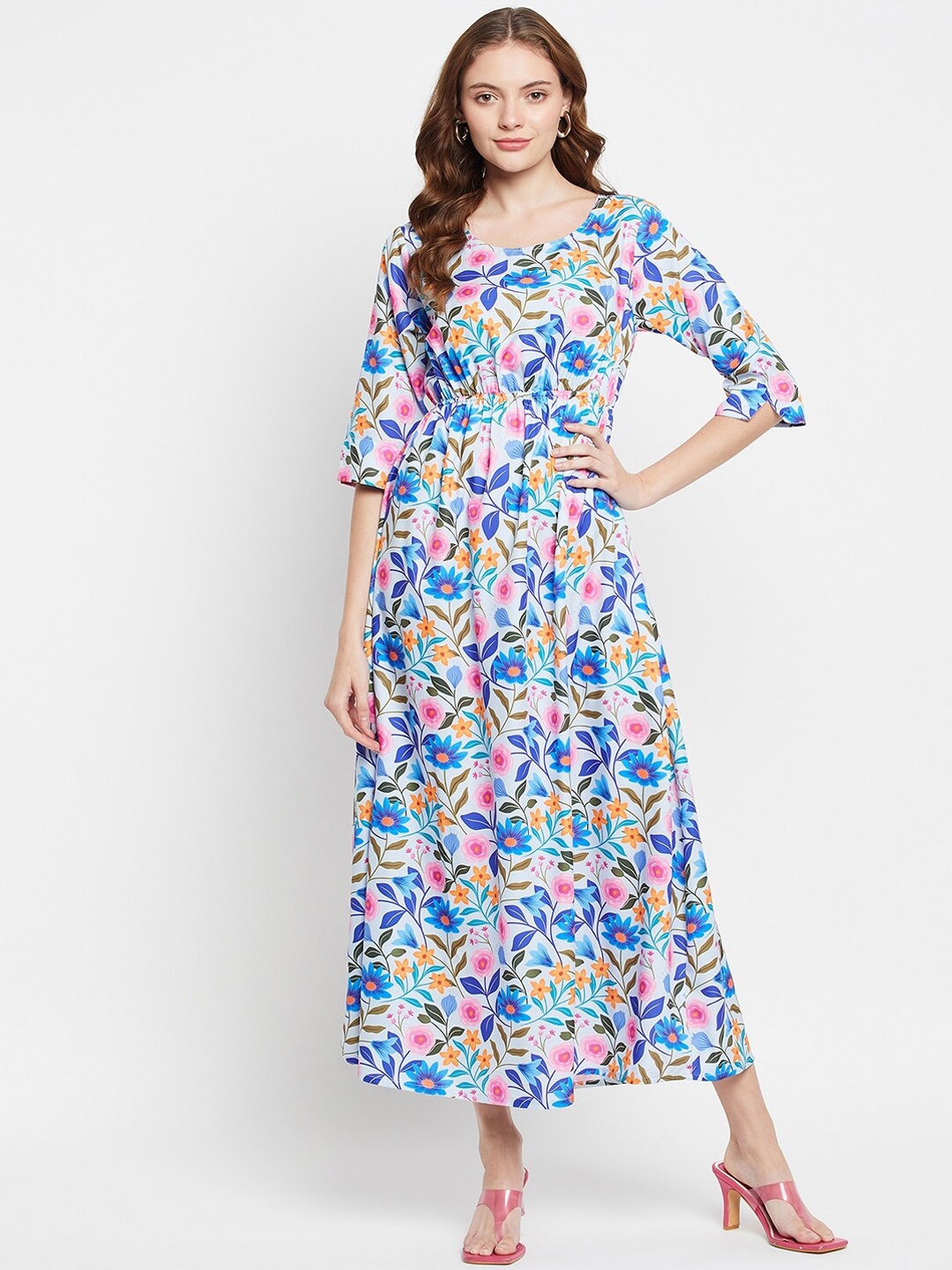 

NABIA Floral Printed Round Neck A-Line Midi Dress, White