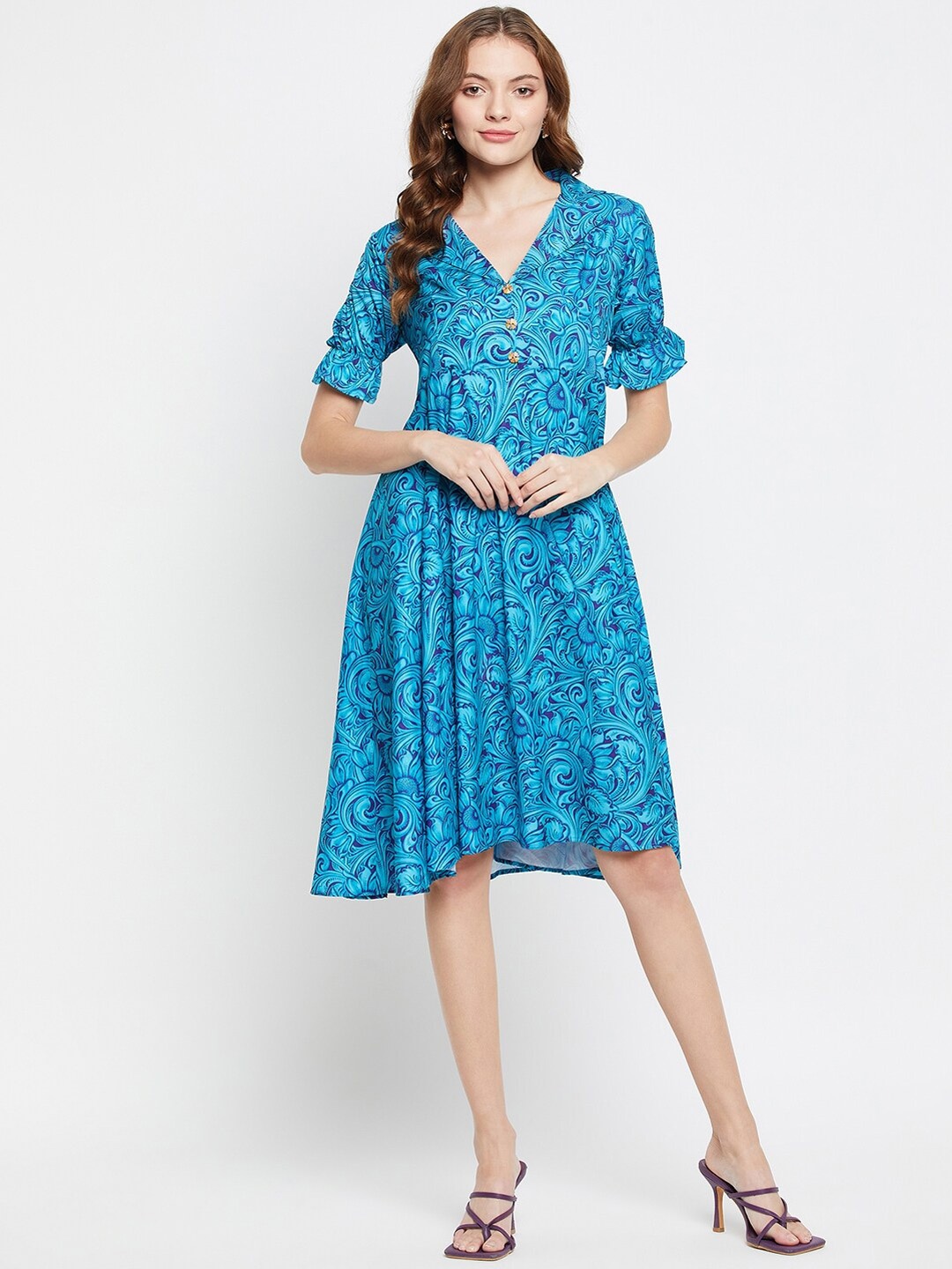 

NABIA Floral Printed V-Neck A-Line Dress, Blue