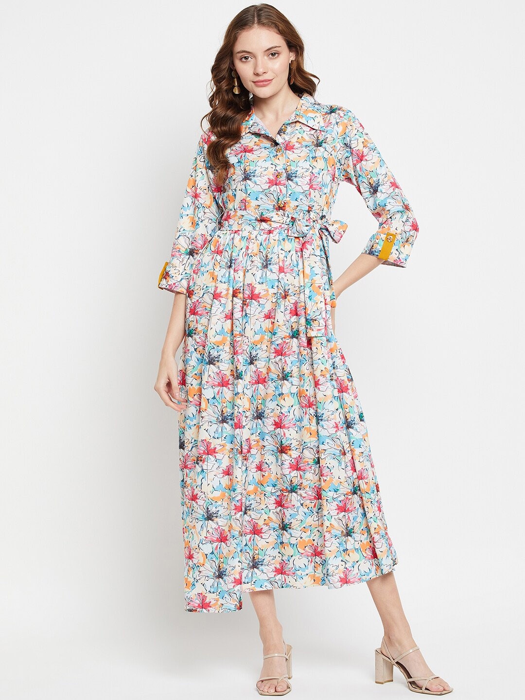 

NABIA Floral Printed Shirt Collar A-Line Midi Dress, Multi