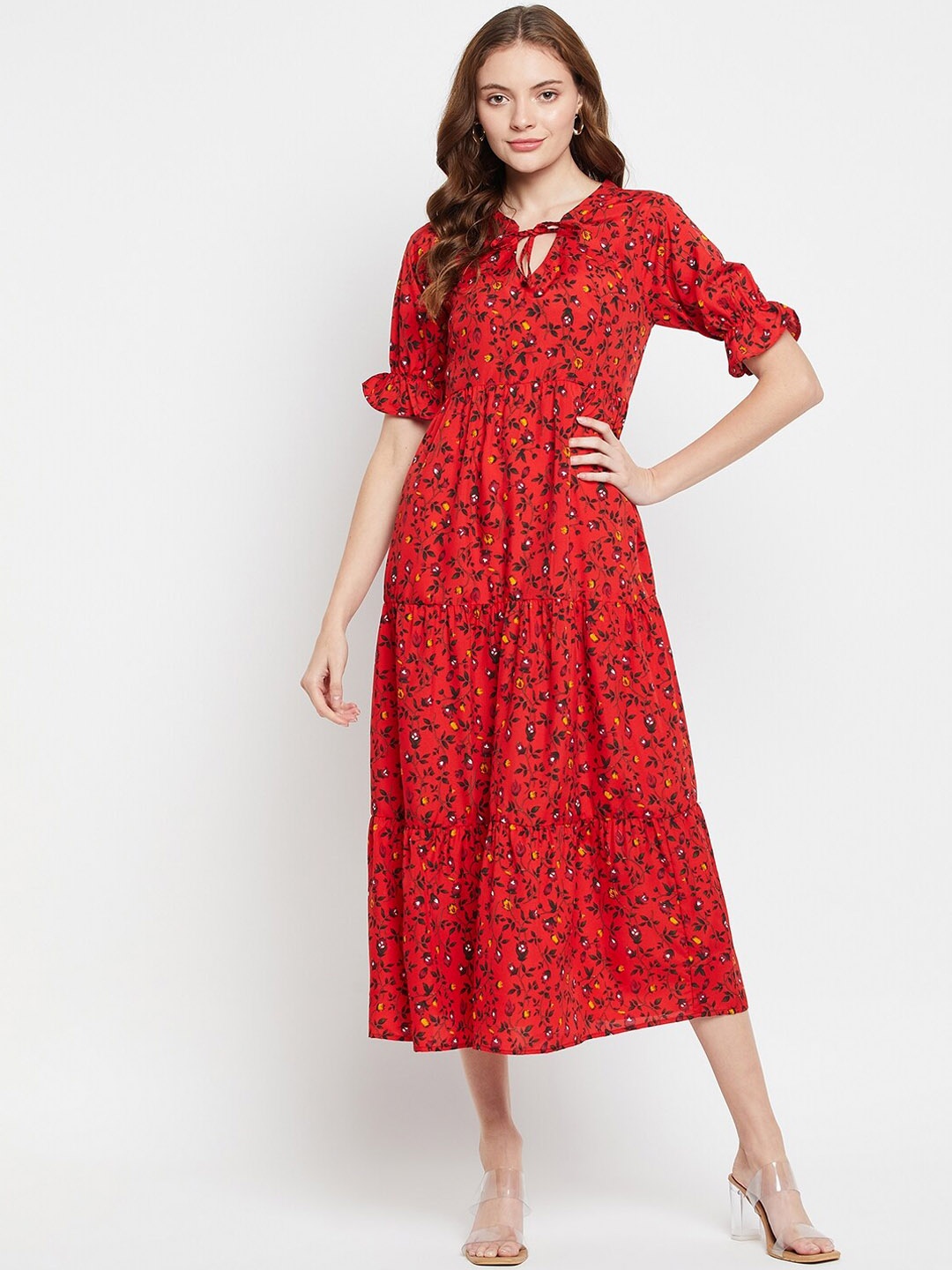 

NABIA Floral Printed A-Line Midi Dress, Red