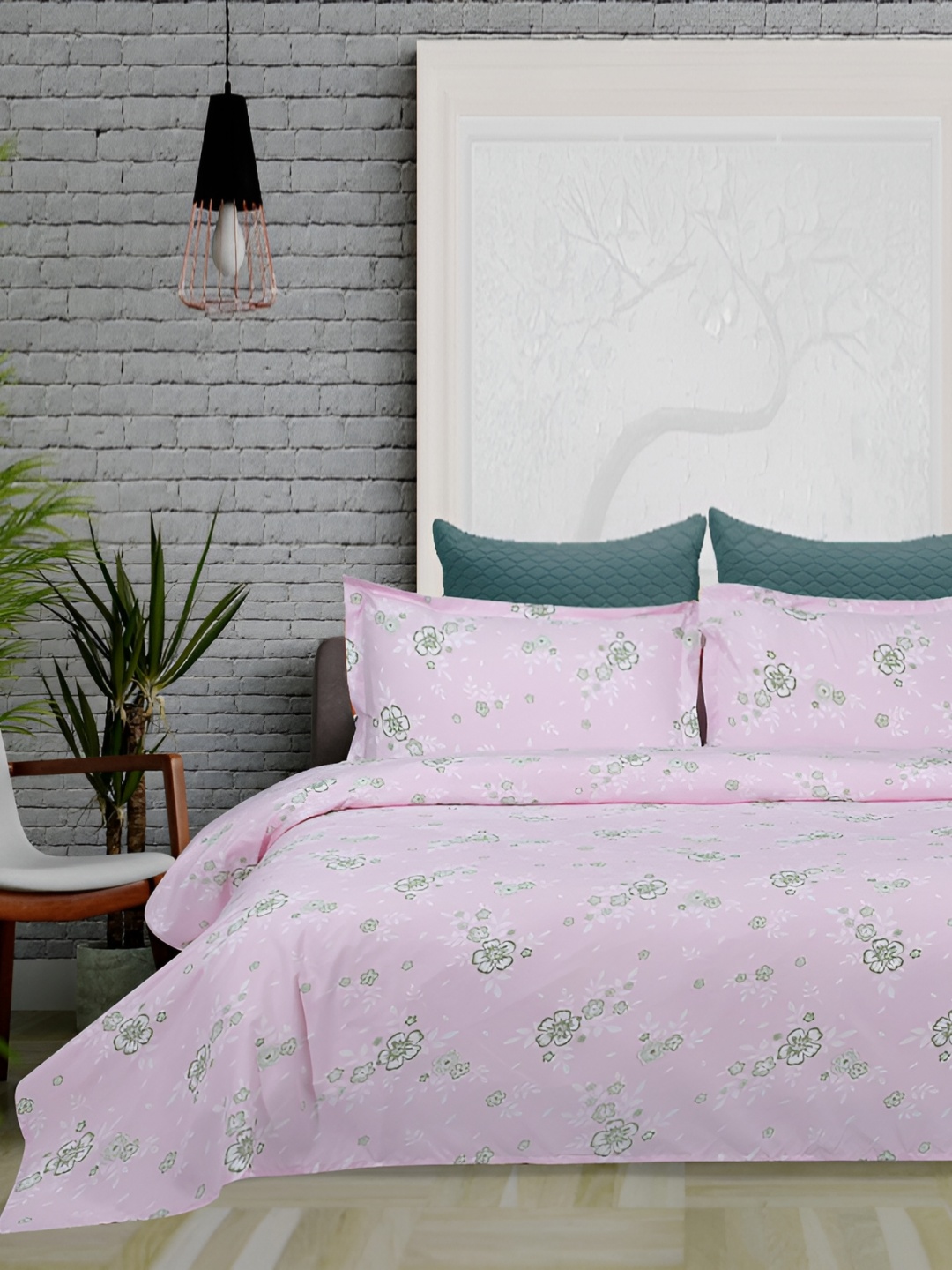 

Chann Studio Pink Green Floral 300 TC Queen Bedsheet With 2 Pillow Covers