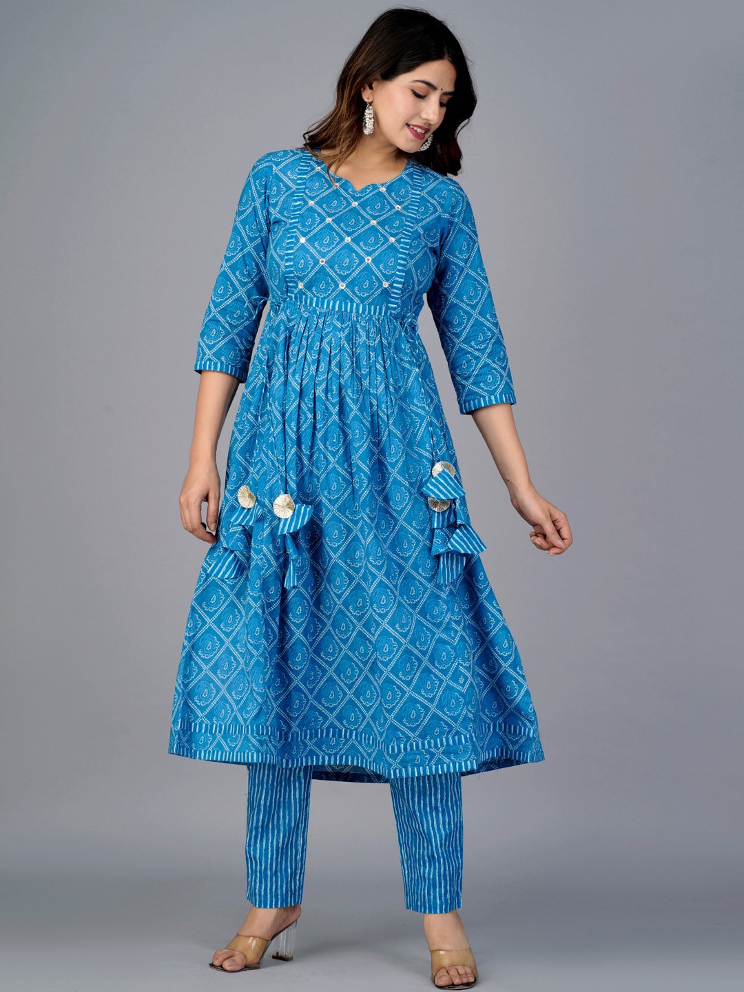 

KALINI Bandhani Printed Regular Mirror Work Pure Cotton Kurta With Trousers, Blue