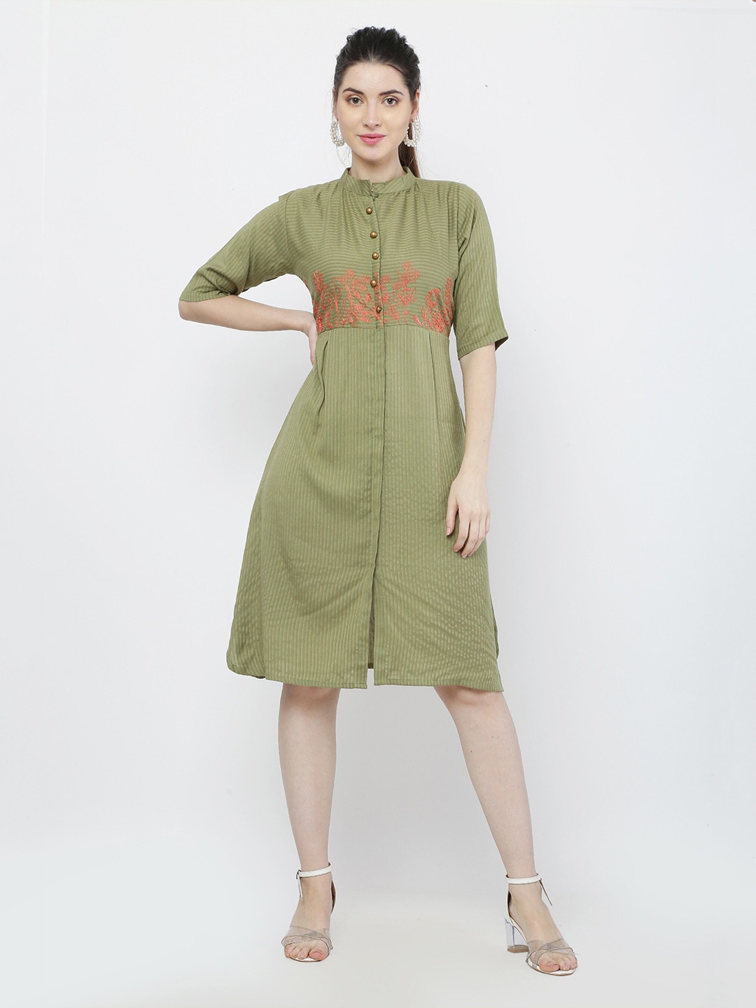 

BAESD Striped Mandarin Collar Embroidered A-Line Dress, Green