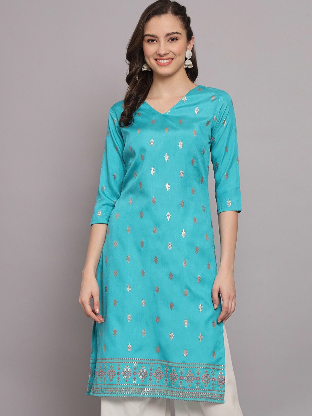 

BAESD Ethnic Motifs Foil Printed Straight Kurta, Blue