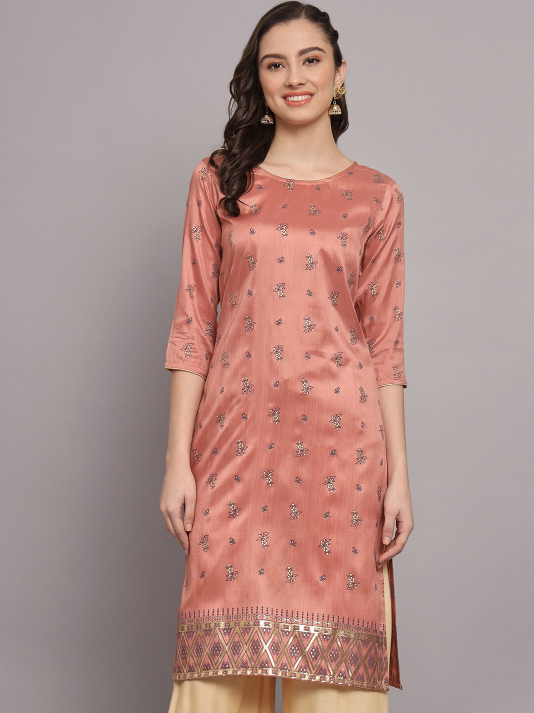 

BAESD Ethnic Motifs Foil Printed Straight Kurta, Peach