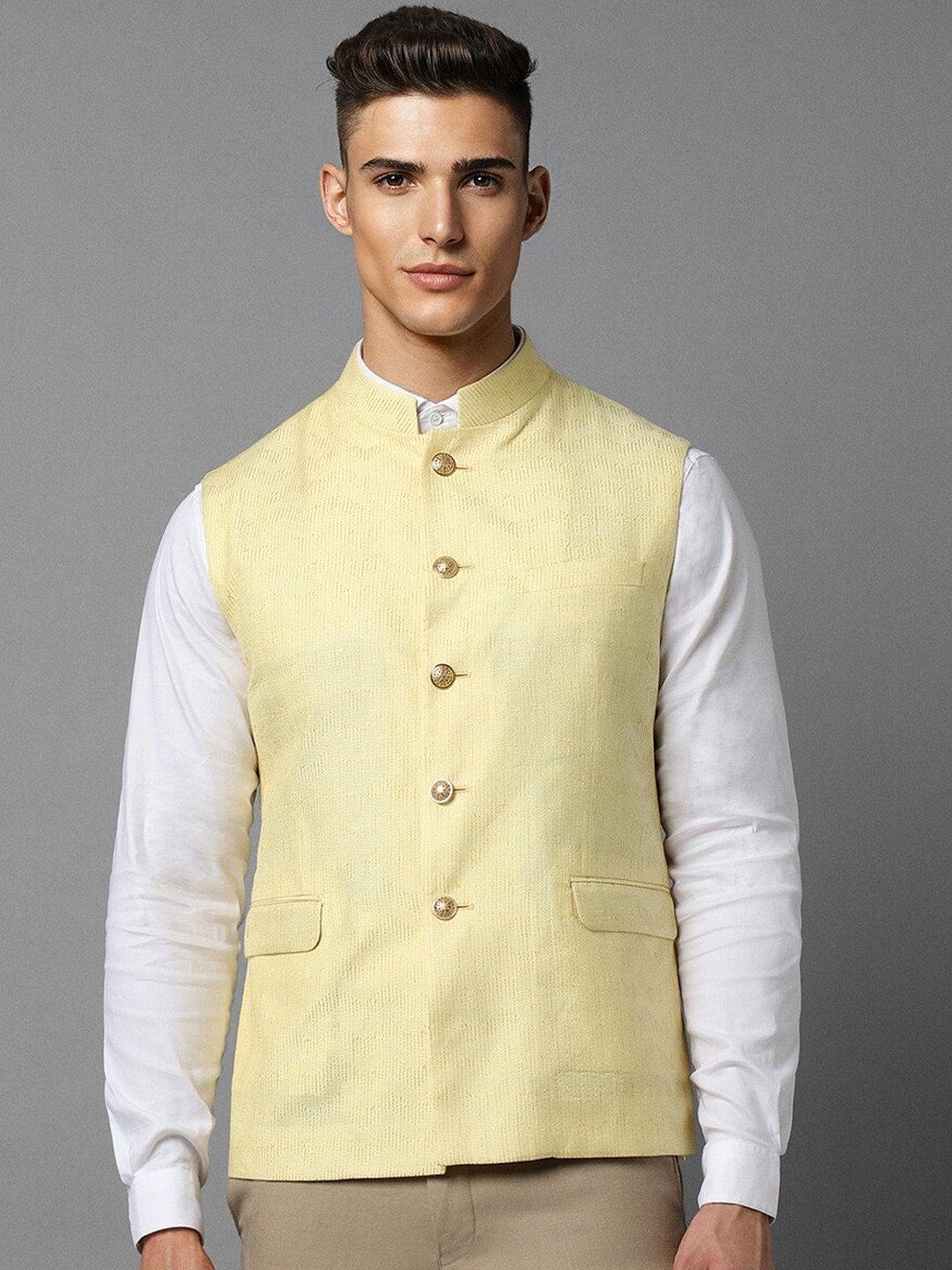 

Louis Philippe Textured Slim Fit Nehru Jacket, Yellow