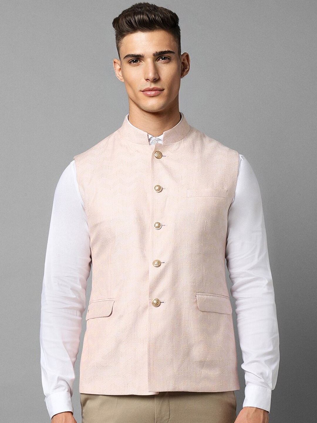 

Louis Philippe Textured Slim Fit Nehru Jacket, Beige
