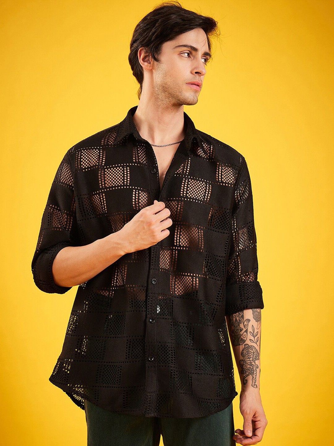 

Kook N Keech Black Oversized Self Design Casual Crochet Shirt