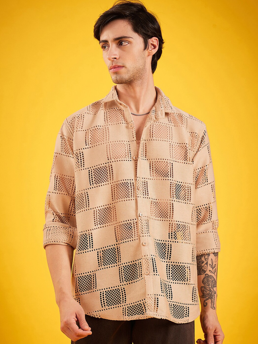 

Kook N Keech Khaki Semi Sheer Crochet Oversized Shirt