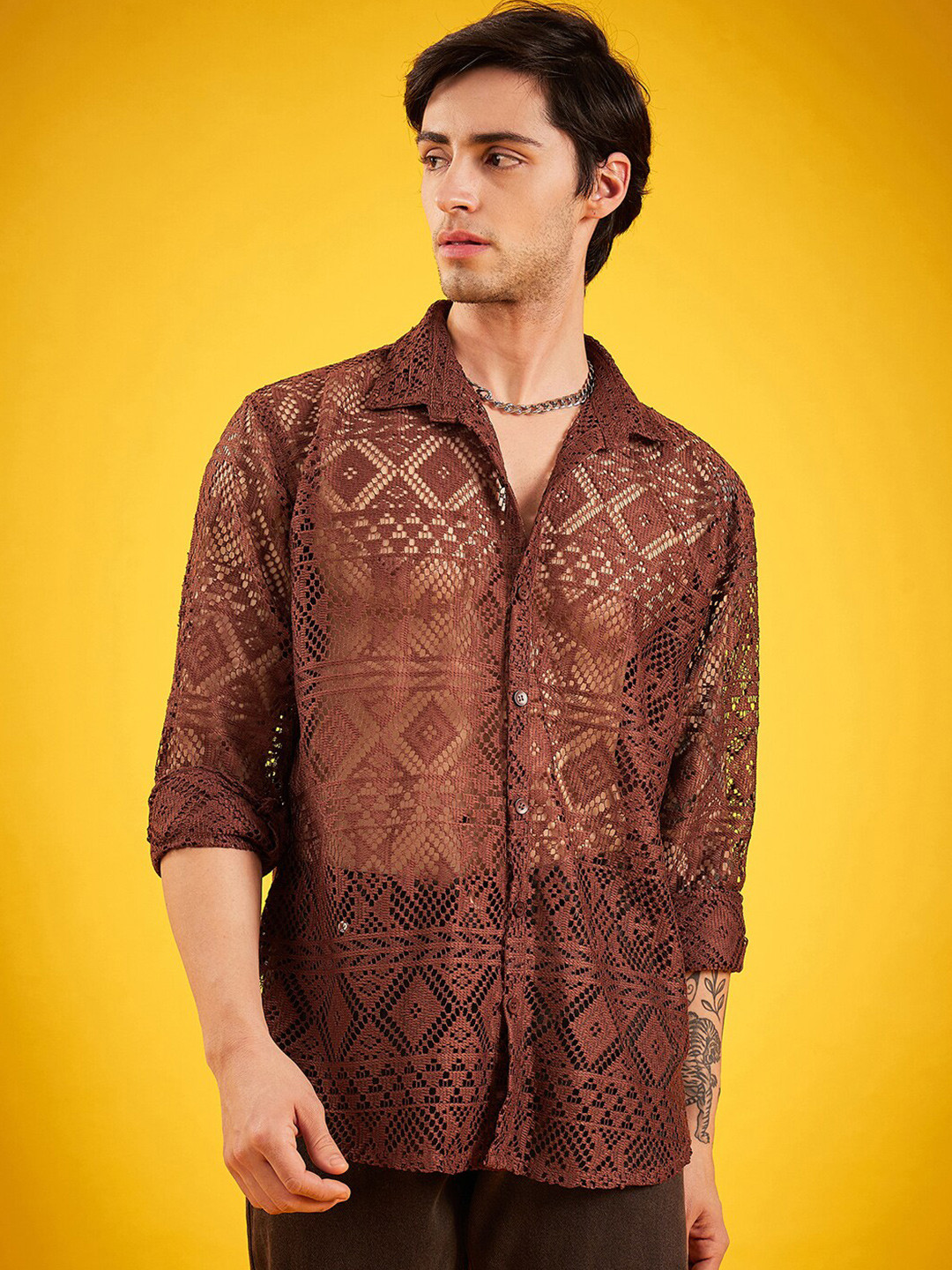 

Kook N Keech Self Design Classic Casual Shirt, Brown