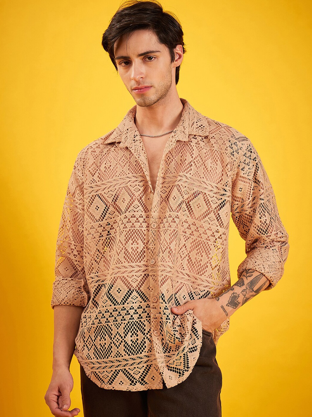 

Kook N Keech Khaki Oversized Self Design Semi Sheer Crochet Casual Shirt