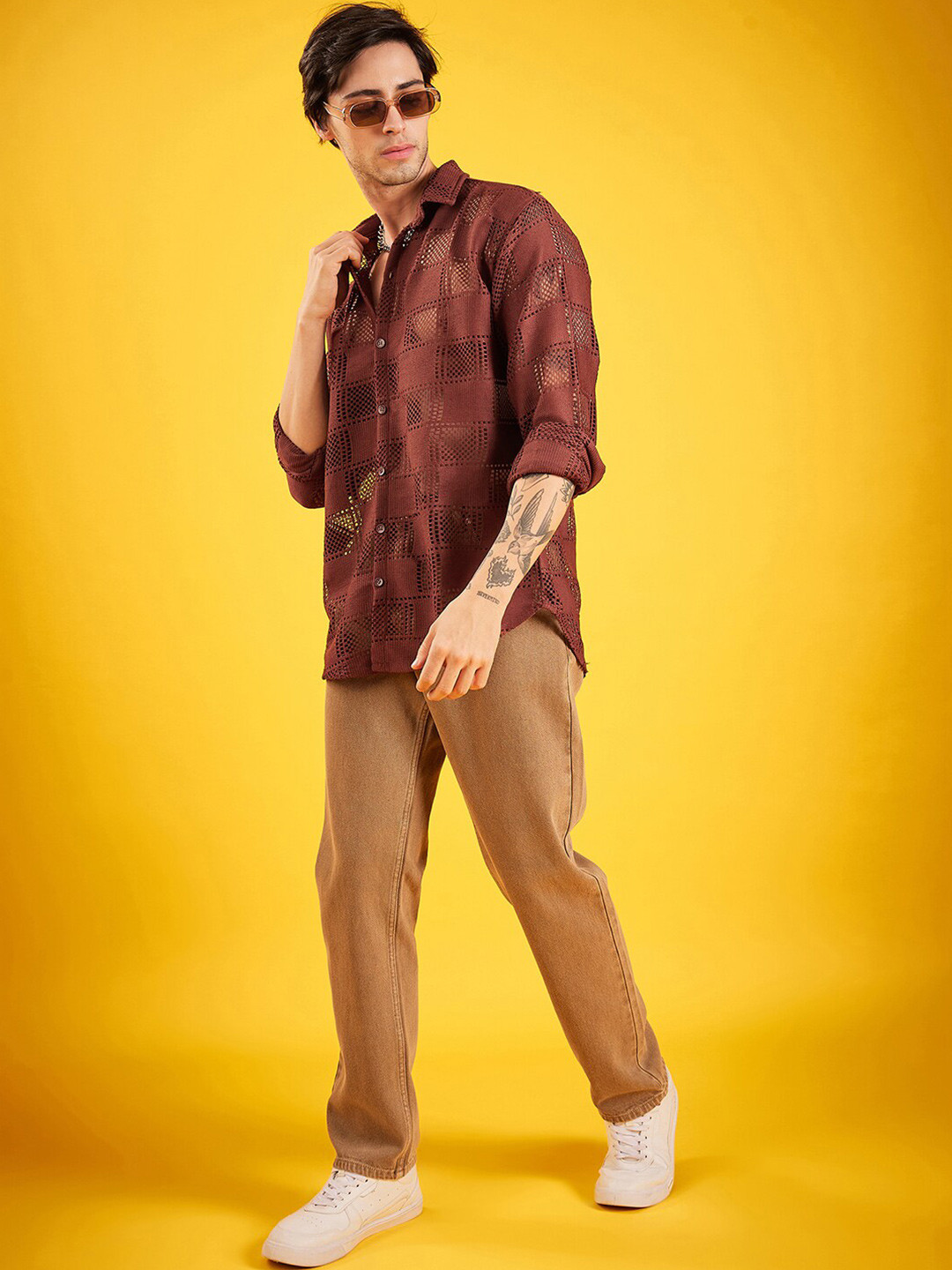 

Kook N Keech Geometric Self Design Oversized Casual Shirt, Brown
