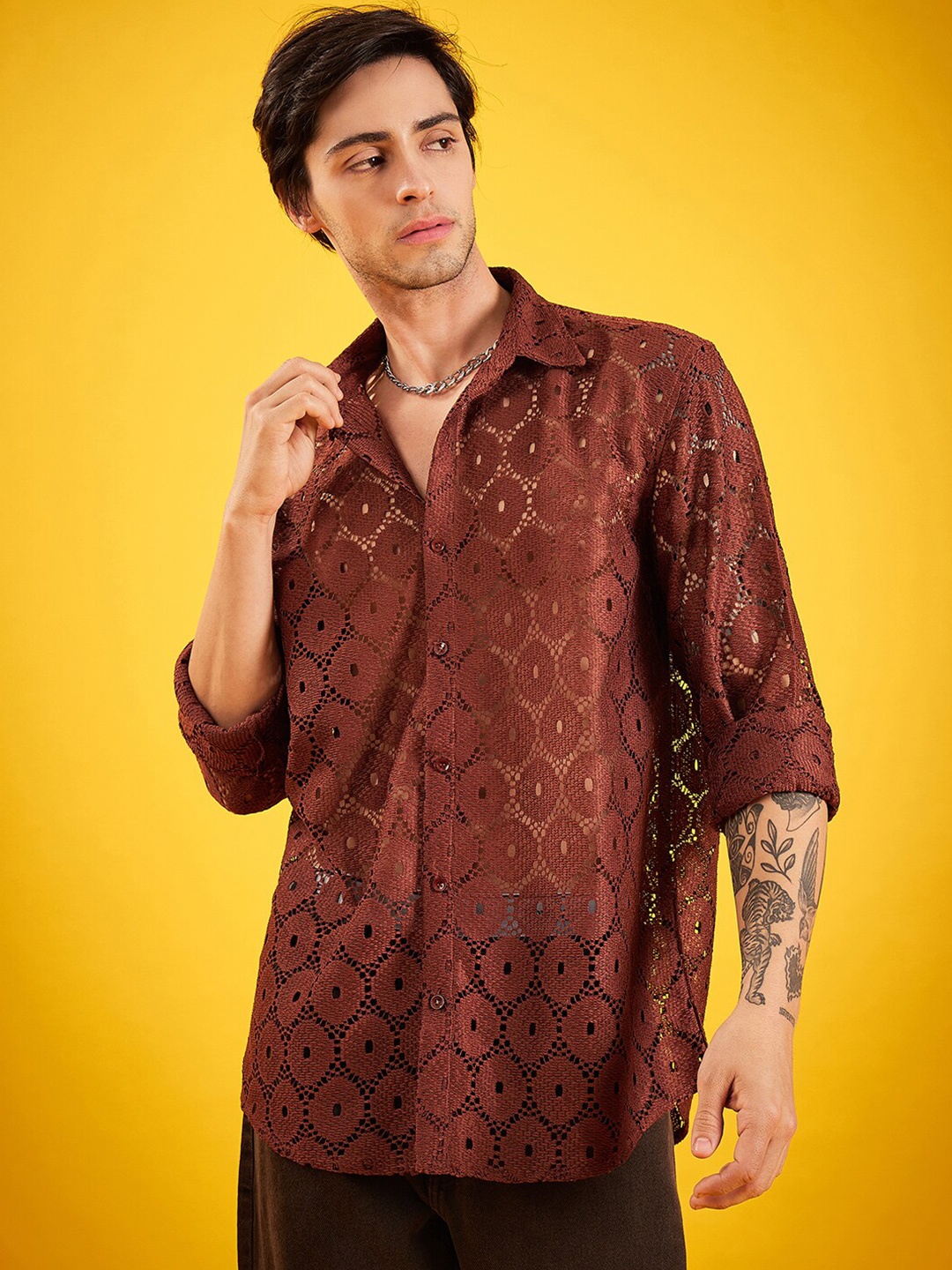 

Kook N Keech Brown Self Design Croched Casual Shirt