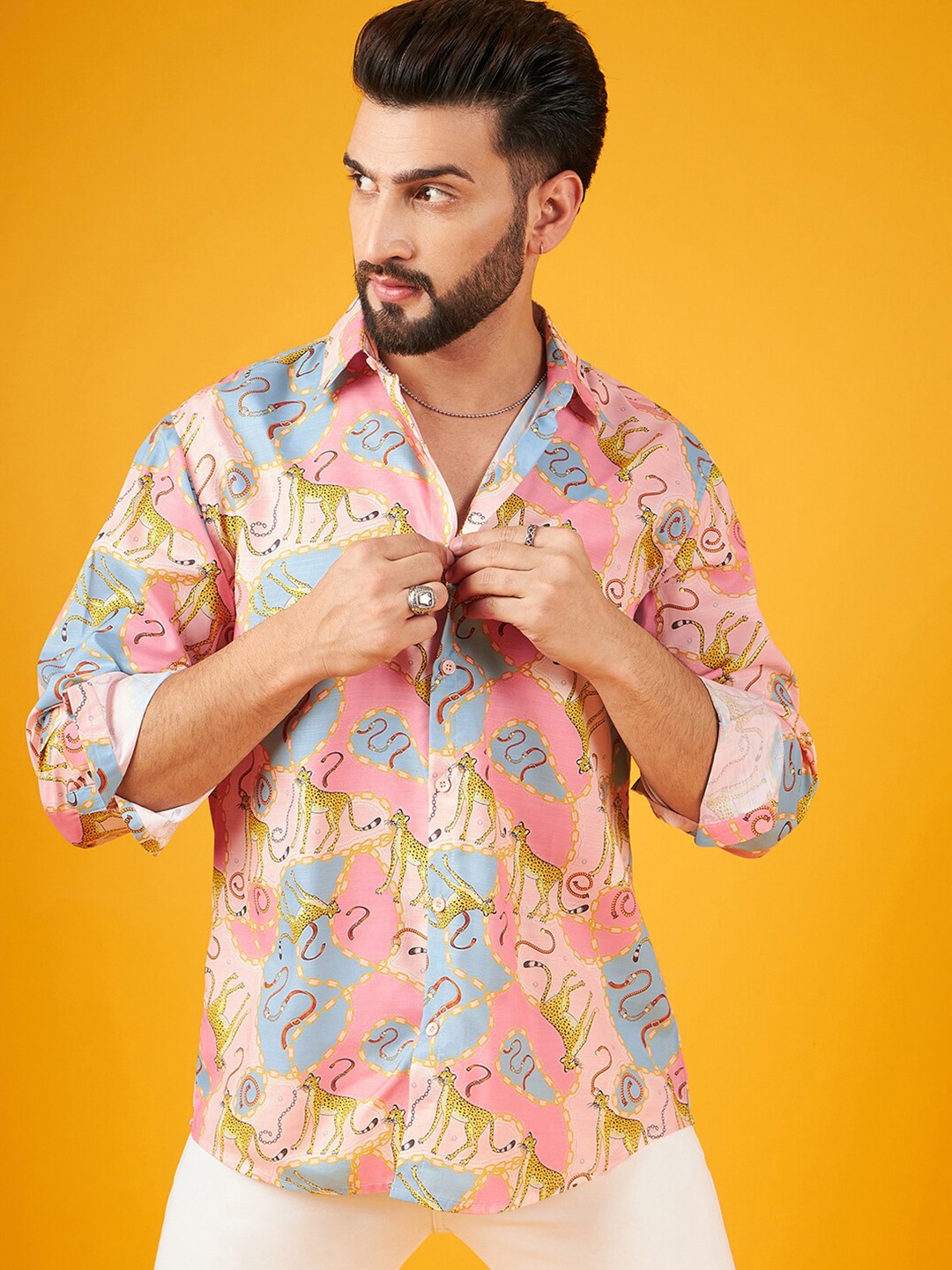 

Kook N Keech Peach Conversational Spread Collar Long Sleeves Oversized Casual Shirt