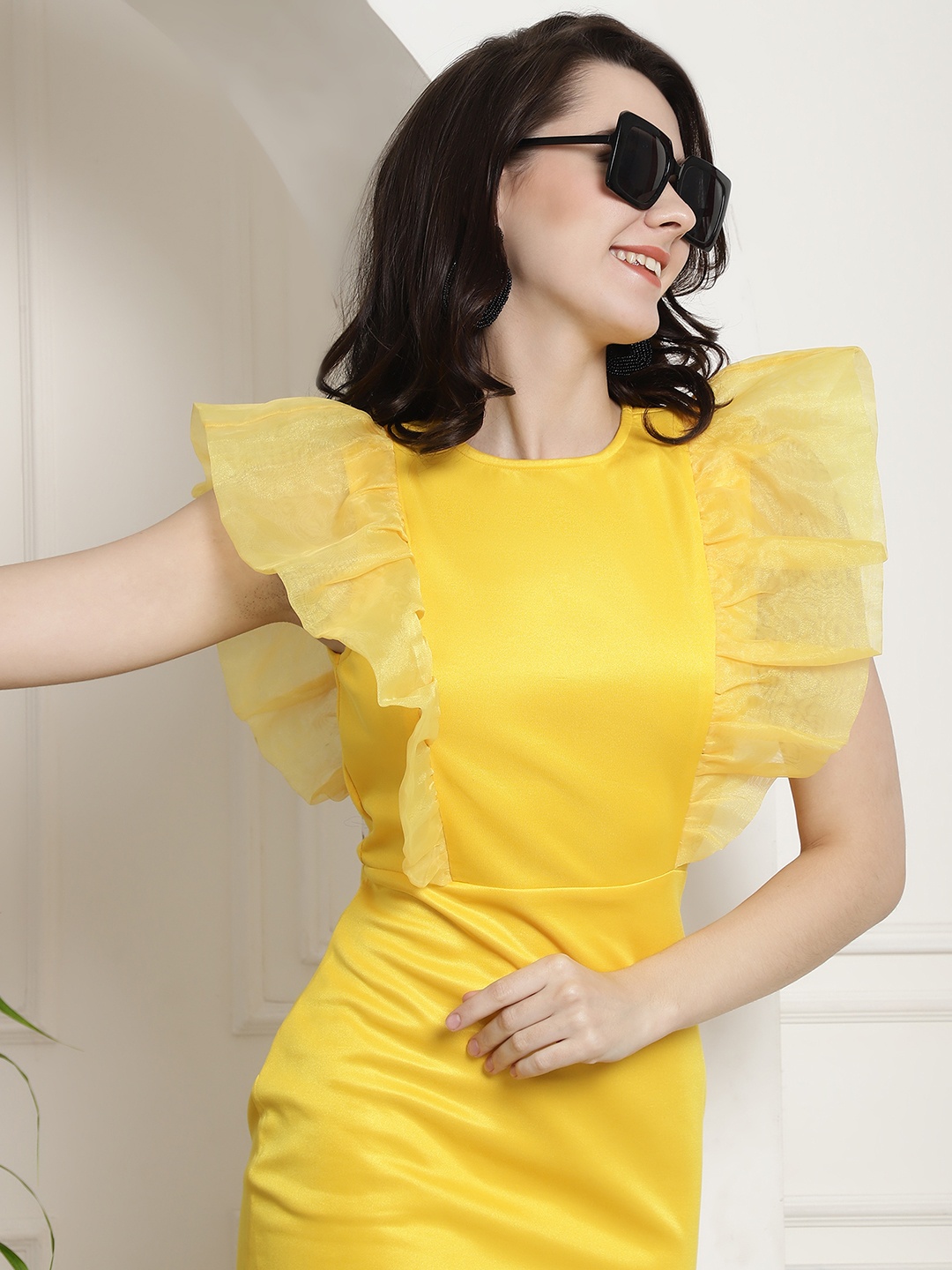 

BLANC9 Ruffles Detail Organza Sheath Midi Dress, Yellow