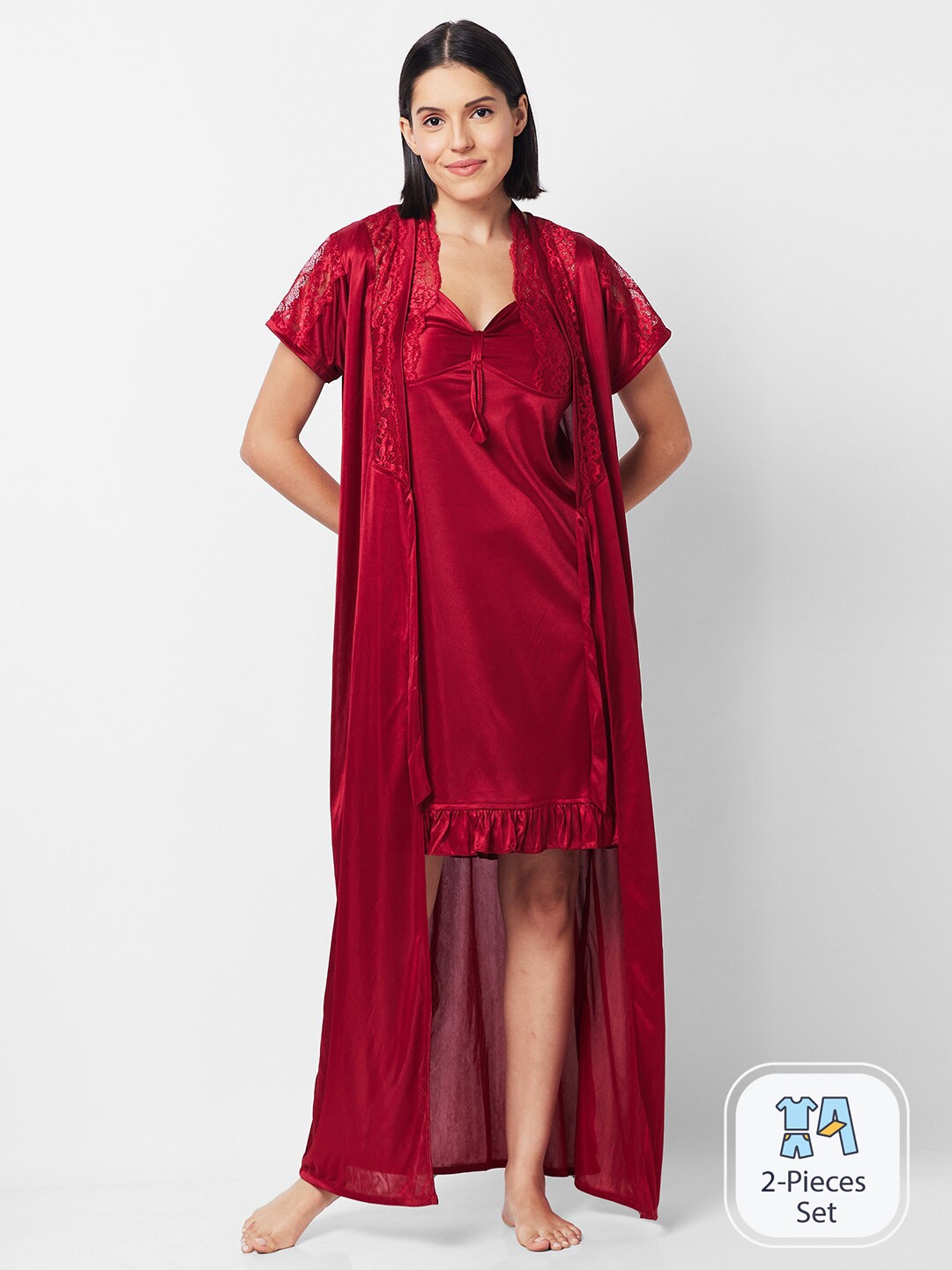 

FashionRack Satin Nightdress With Robe, Maroon