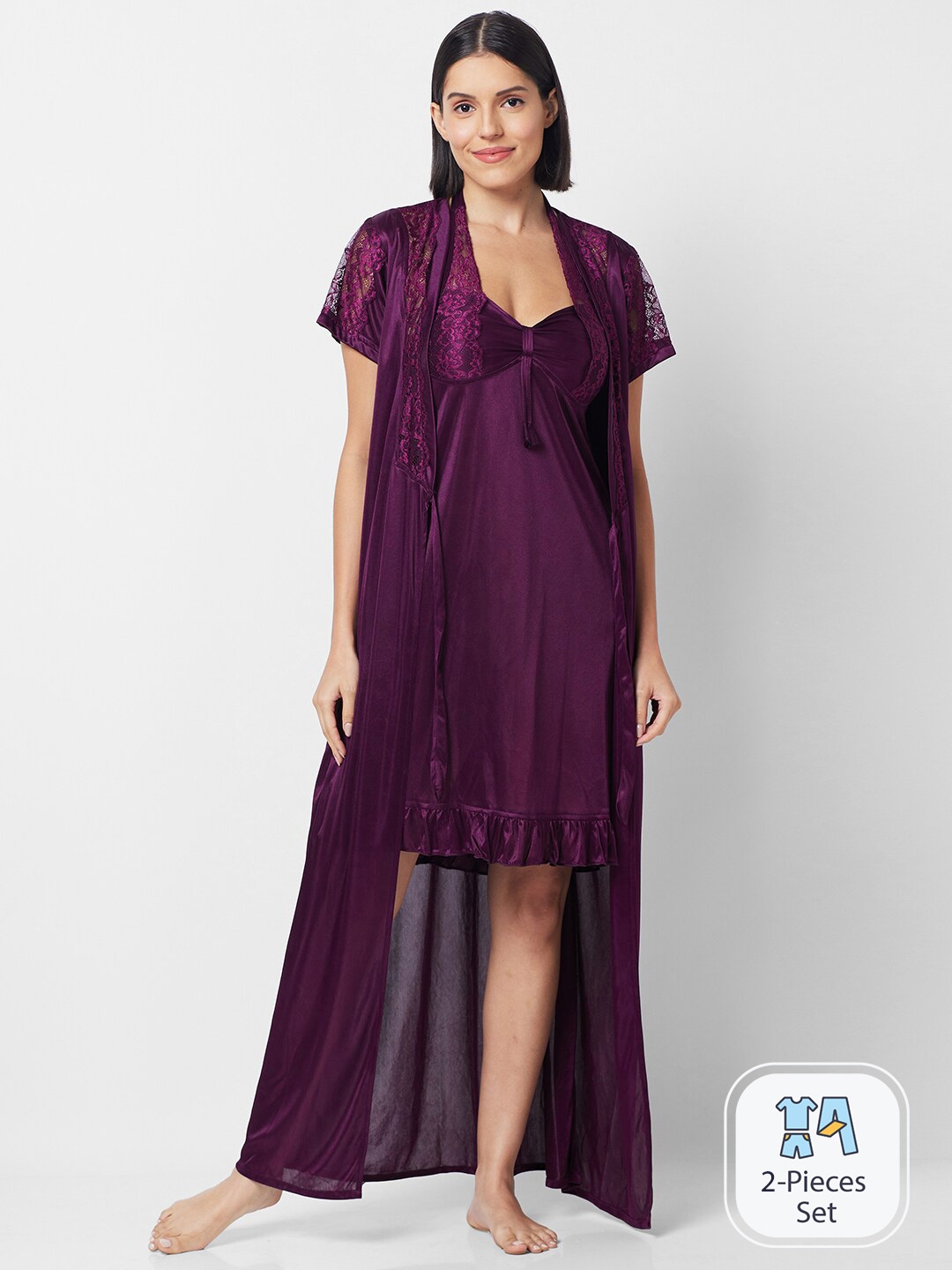 

FashionRack Satin Nightdress With Robe, Purple