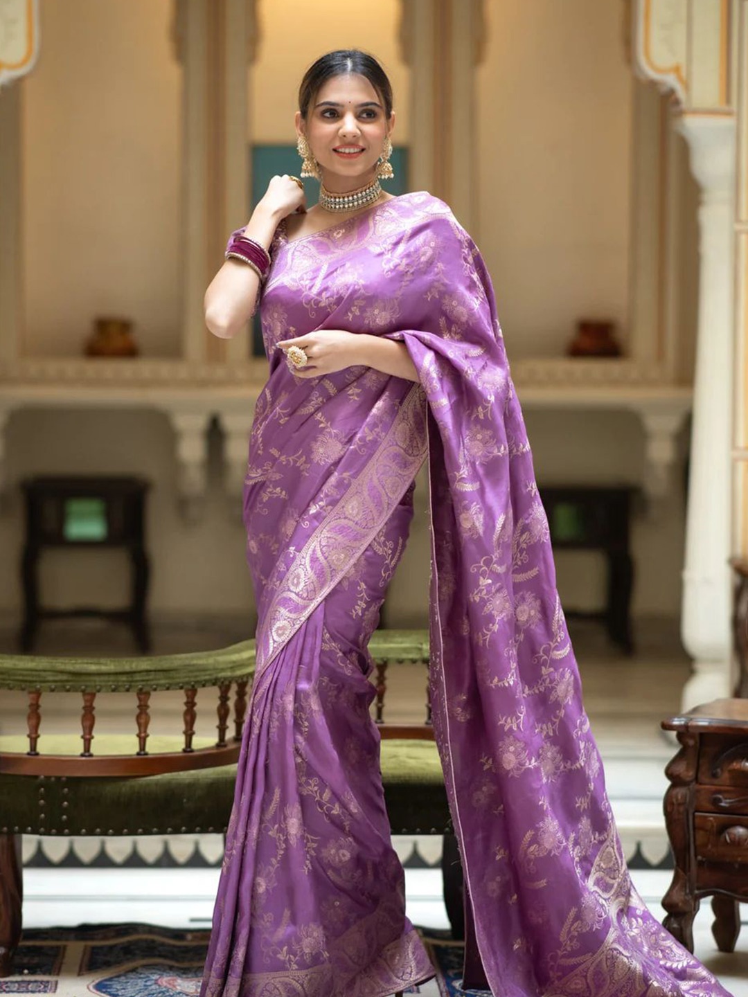 

ALMAARI FASHION Ethnic Motifs Woven Design Pure Silk Kanjeevaram Saree, Purple