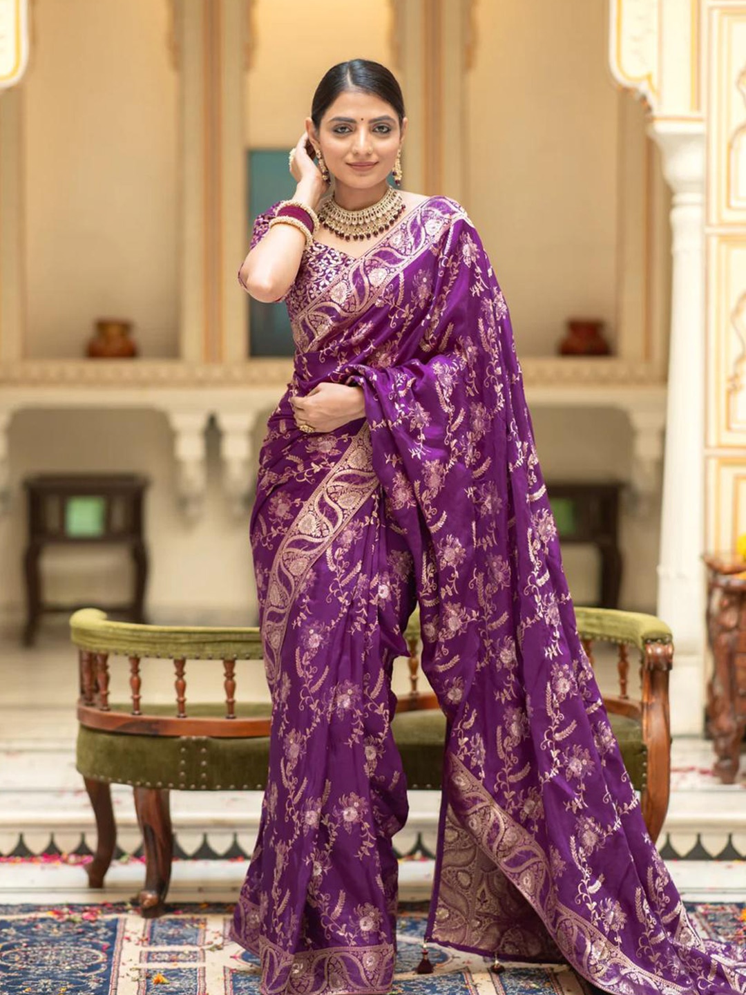 

ALMAARI FASHION Floral Woven Design Pure Silk Kanjeevaram Sarees, Purple