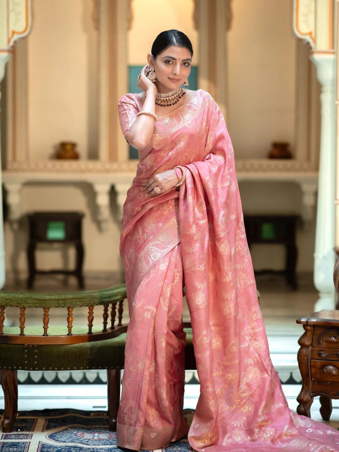 

ALMAARI FASHION Ethnic Motifs Woven Design Pure Kanjivaram Silk Saree, Pink