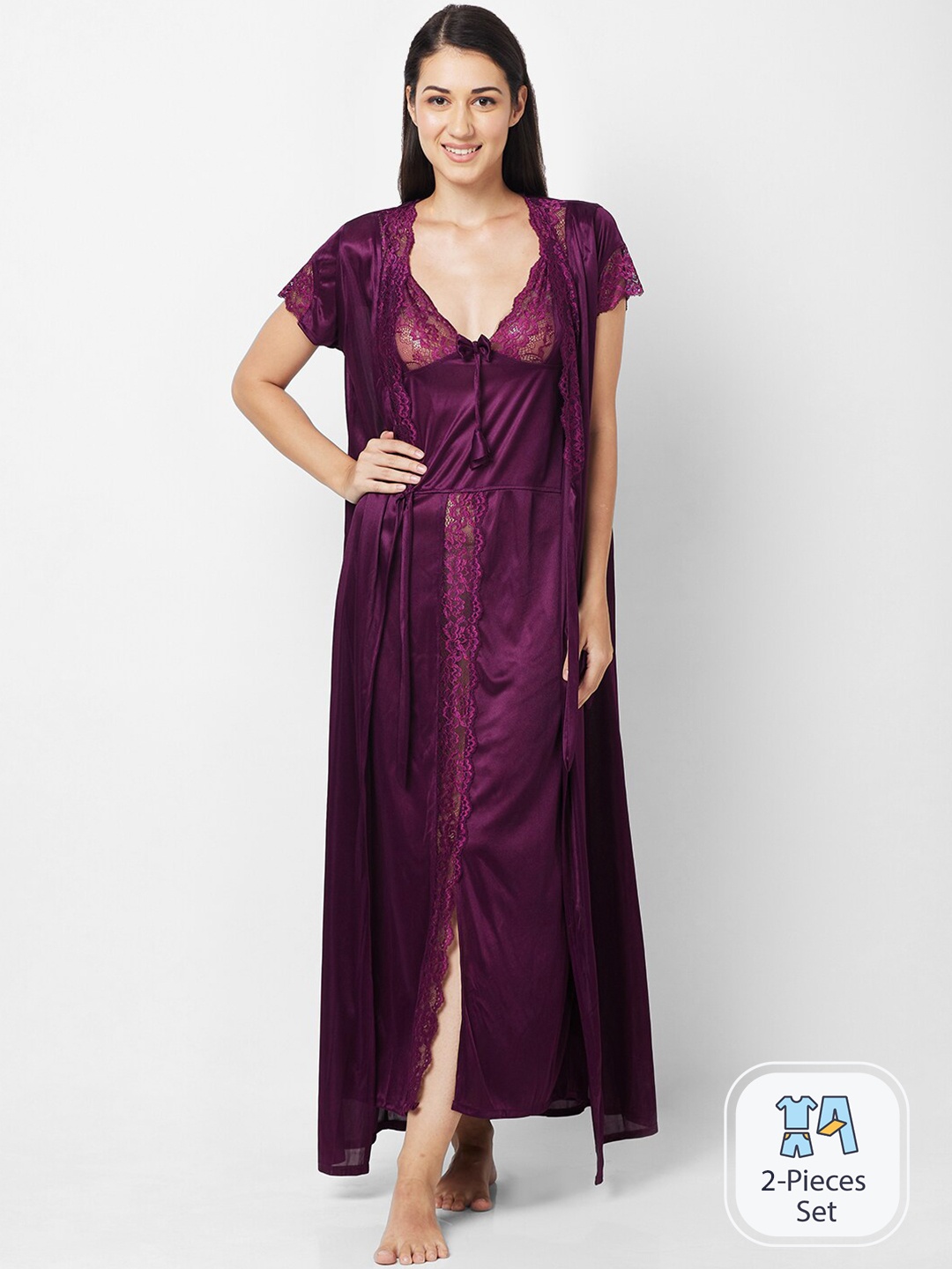 

FashionRack Shoulder Straps Satin Nightdress With Robe, Purple