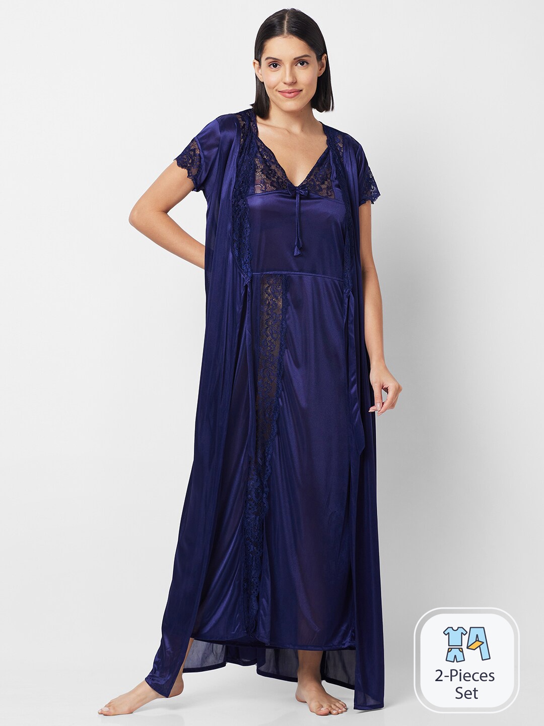 

FashionRack Shoulder Straps Satin Maxi Nightdress With Robe, Navy blue