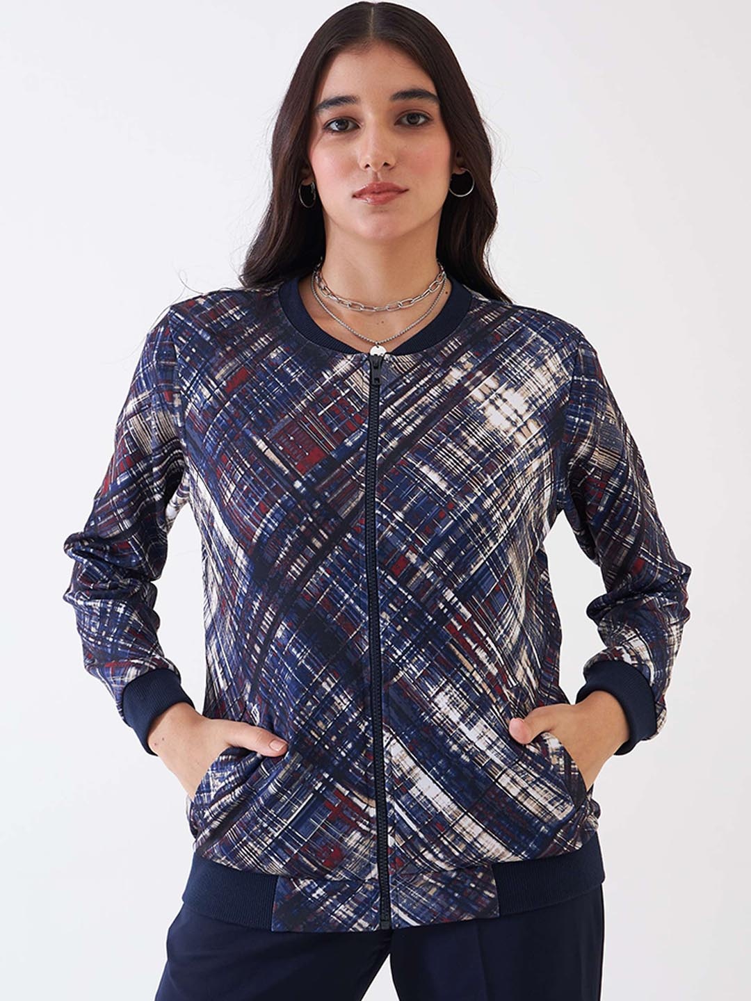 

SALT ATTIRE Abstract Printed Stand Collar Bomber Jacket, Blue