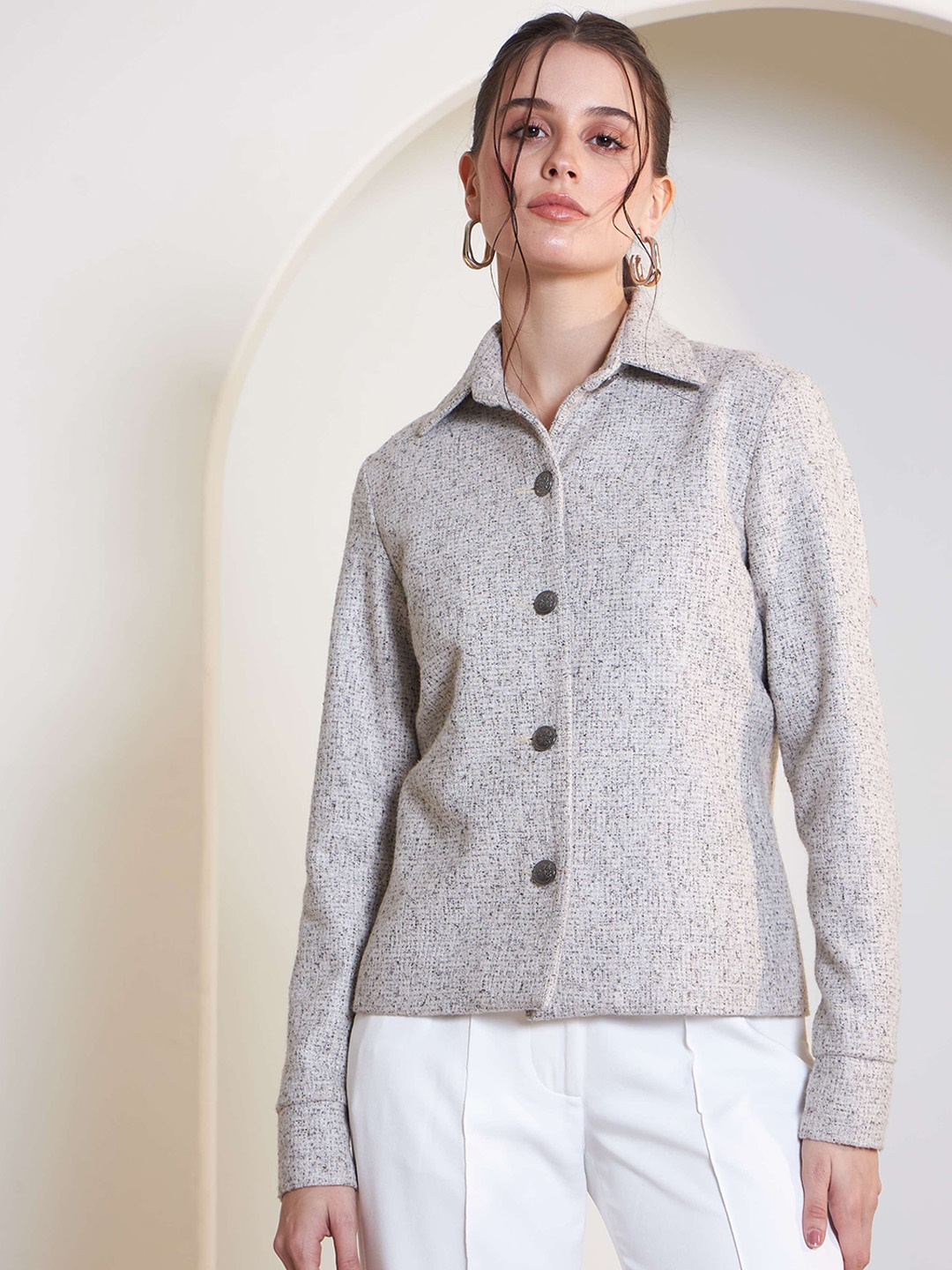 

SALT ATTIRE Shirt Collar Woollen Tailored Jacket, Off white