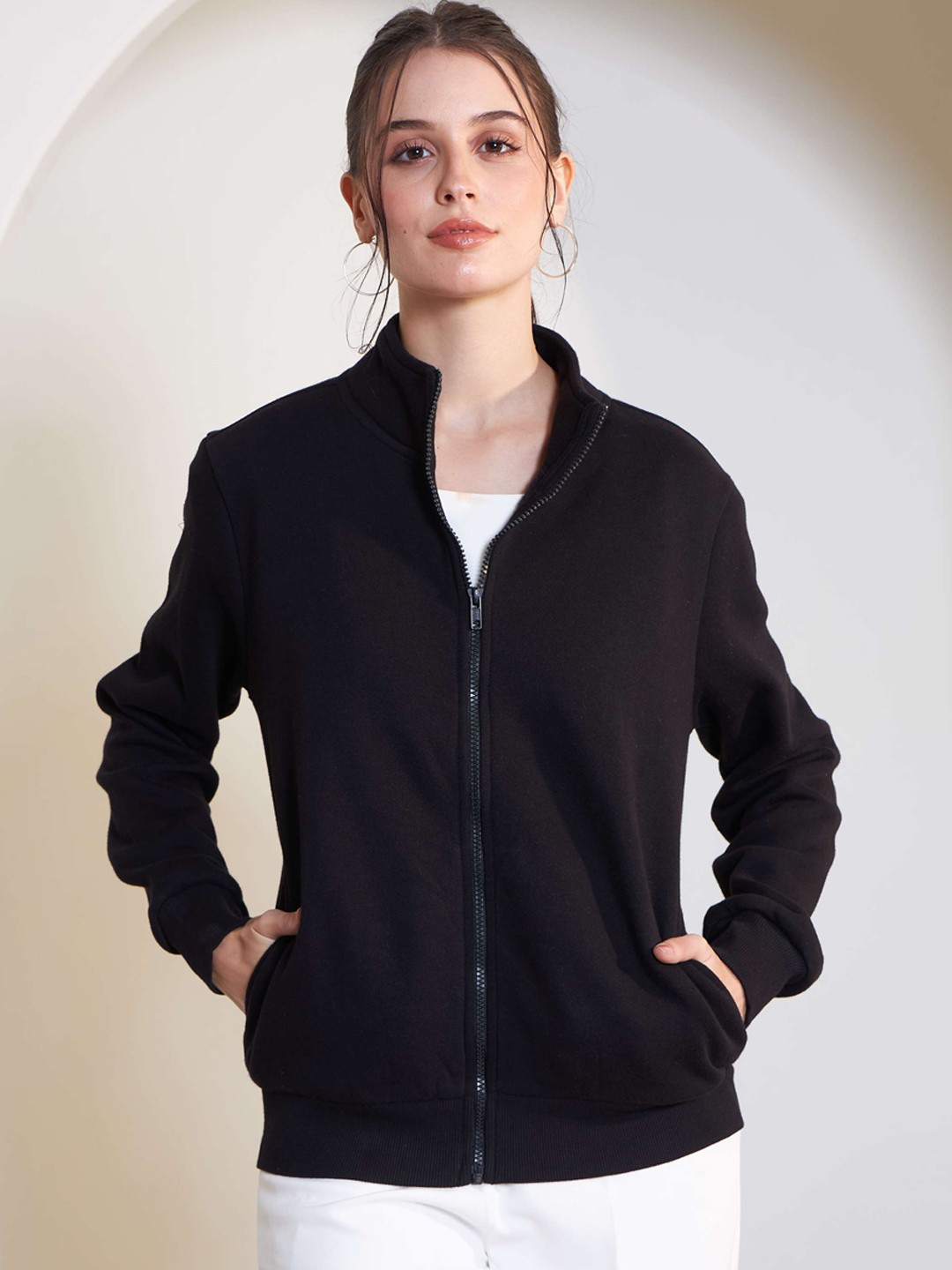 

SALT ATTIRE Mock Collar Fleece Tailored Jacket, Black