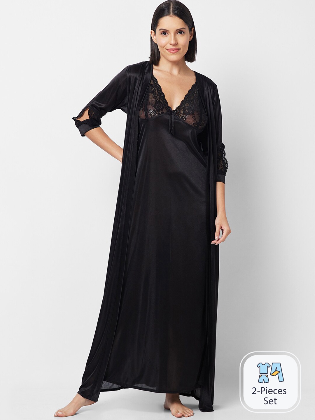 

FashionRack Shoulder Straps Satin Maxi Nightdress With Robe, Black