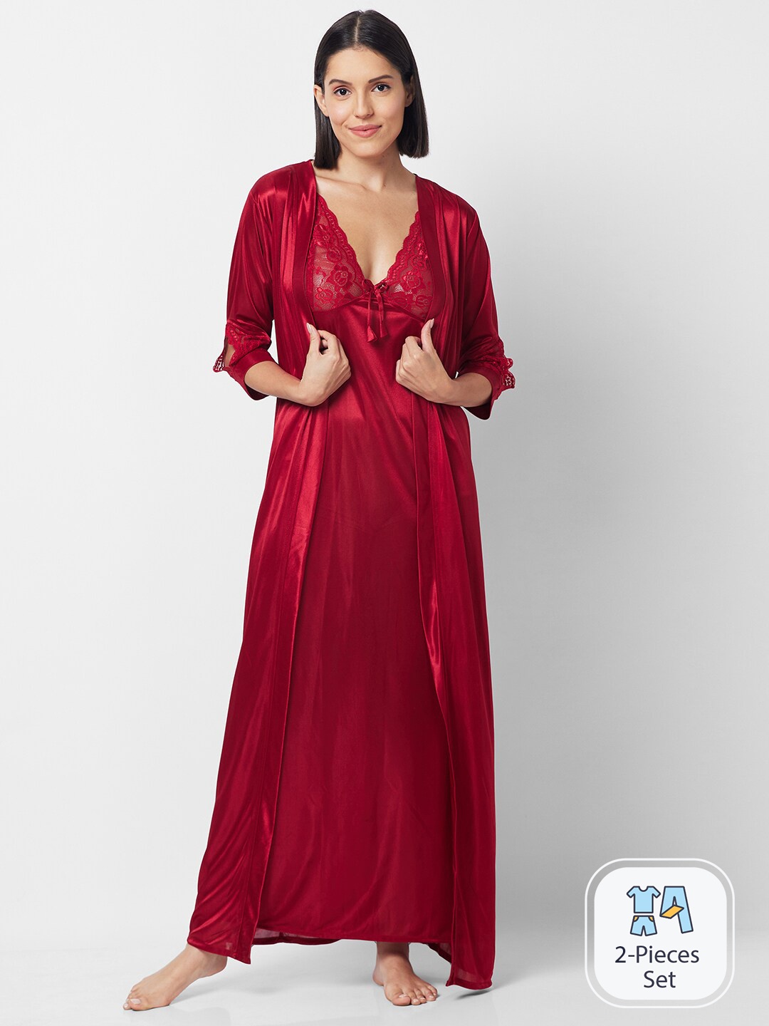 

FashionRack Satin Maxi Nightdress With Robe, Maroon