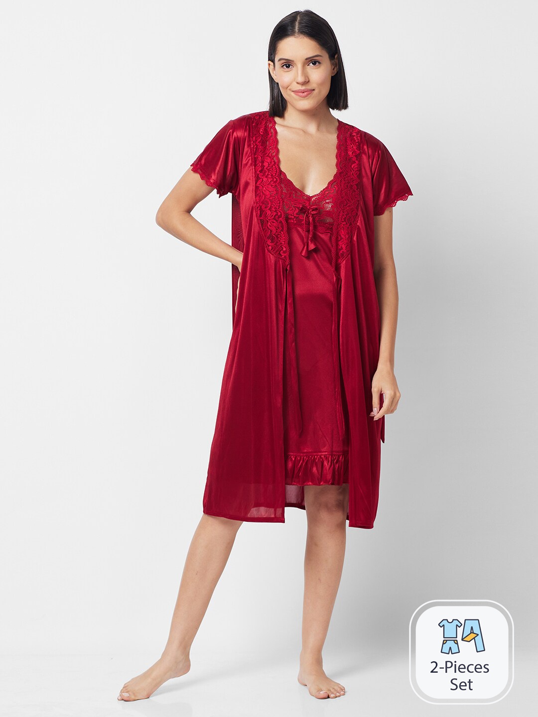 

FashionRack Shoulder Straps Satin Nightdress With Robe, Maroon