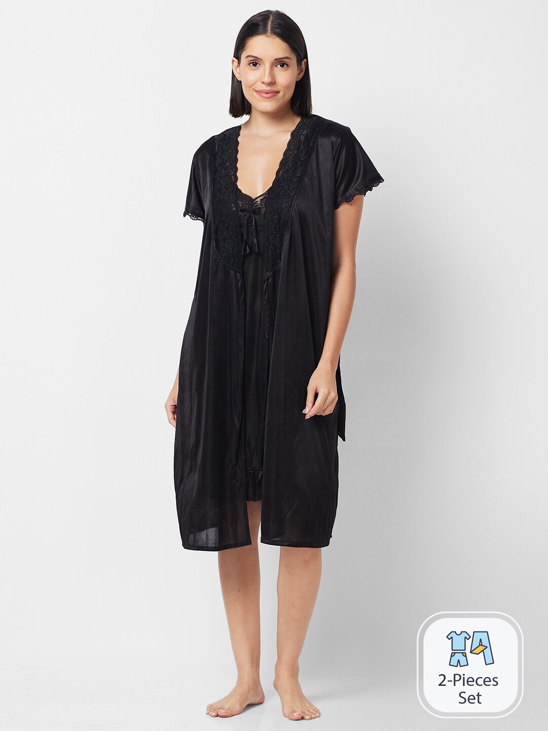

FashionRack Shoulder Straps Satin Nightdress With Robe, Black
